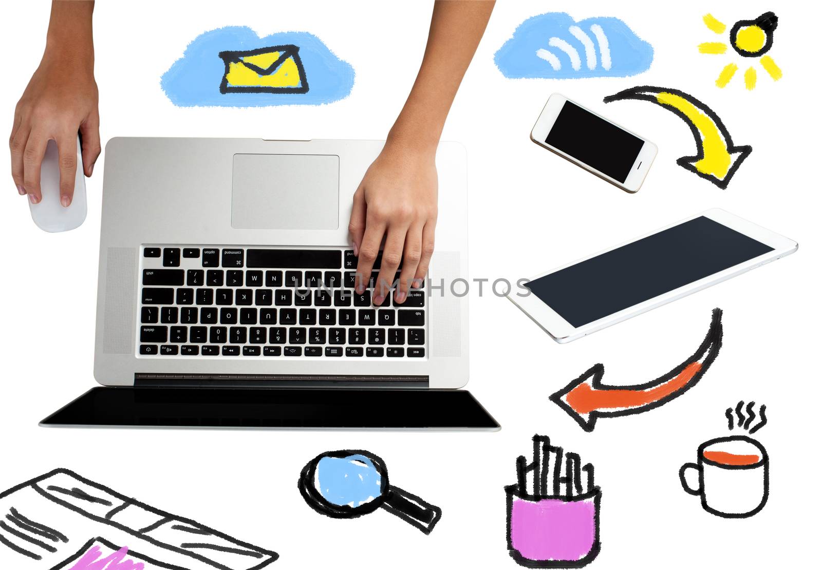Laptop with work equipments around by stockyimages