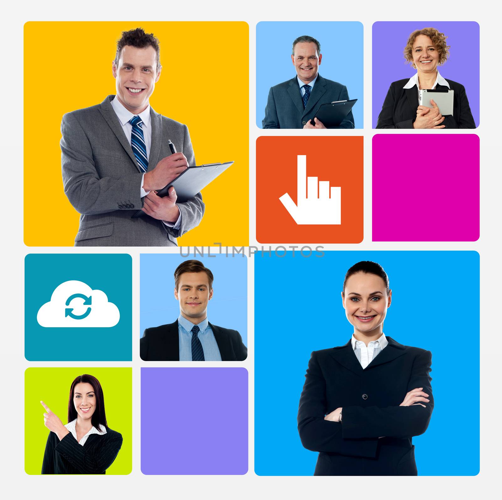 Business collage over colorful windows phone theme