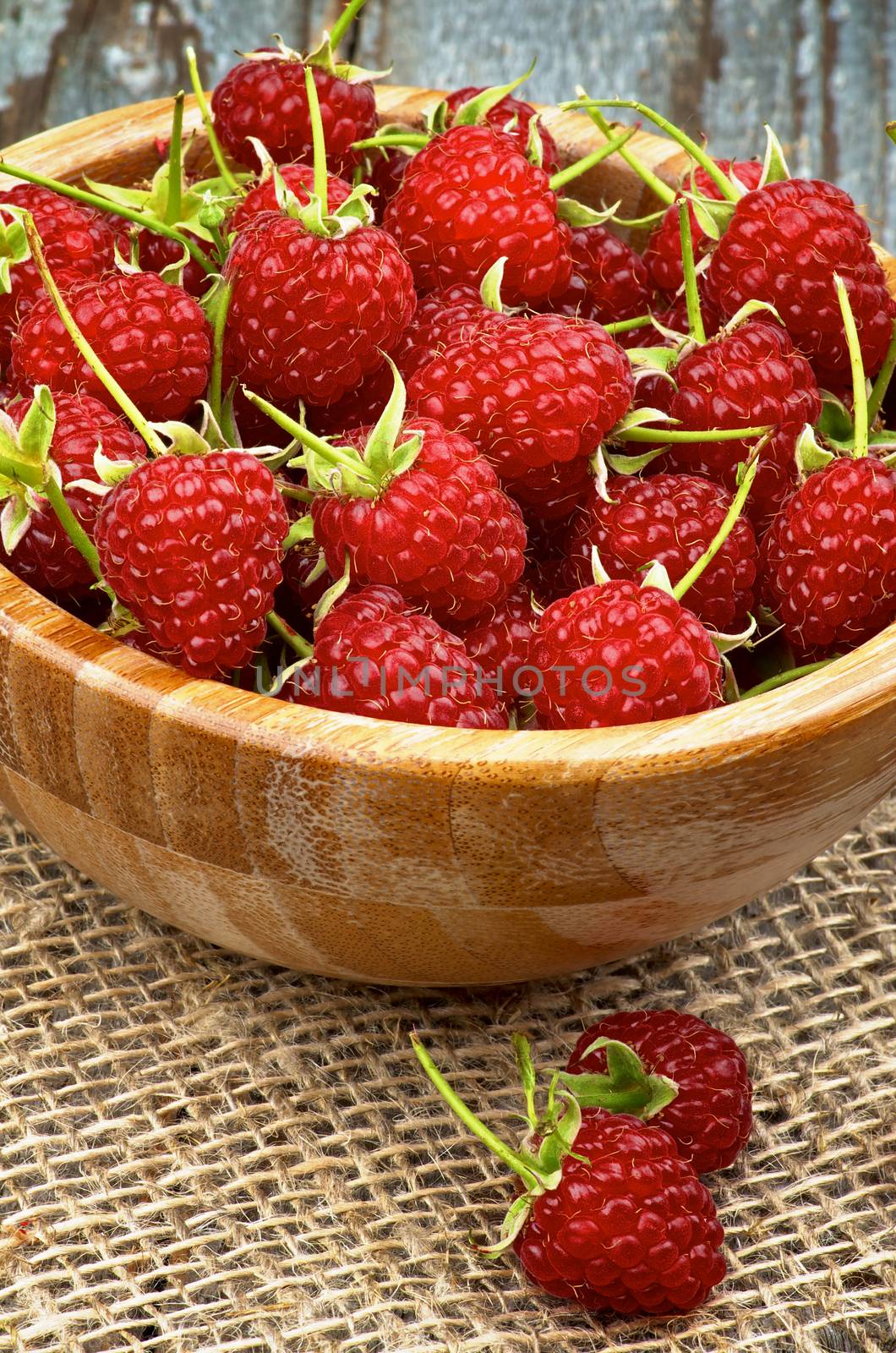 Perfect Ripe Raspberries with Stems in Wooden Bowl closeup on Sackcloth and Rustic Wooden background
