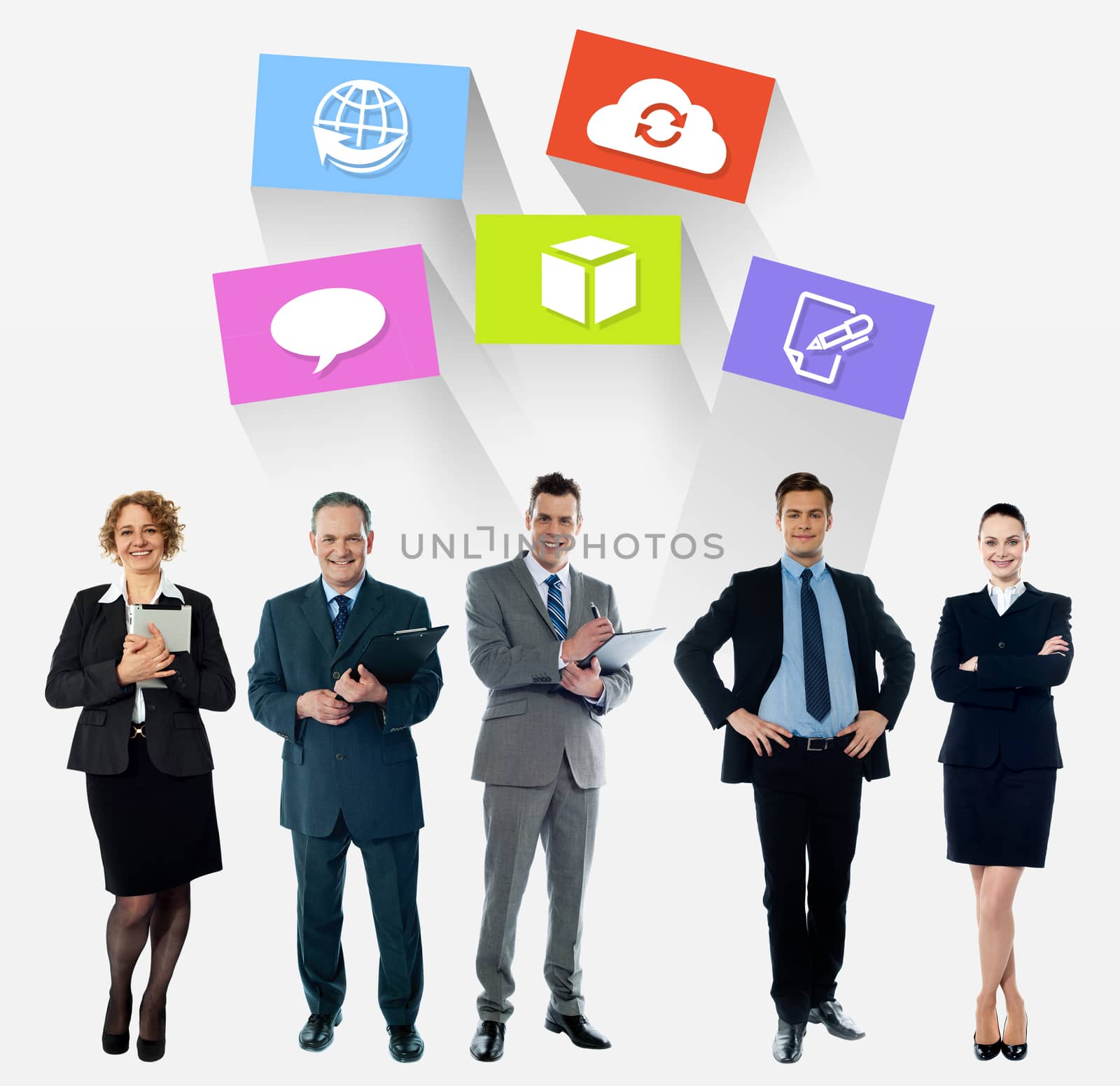 Business team, colorful icons over white