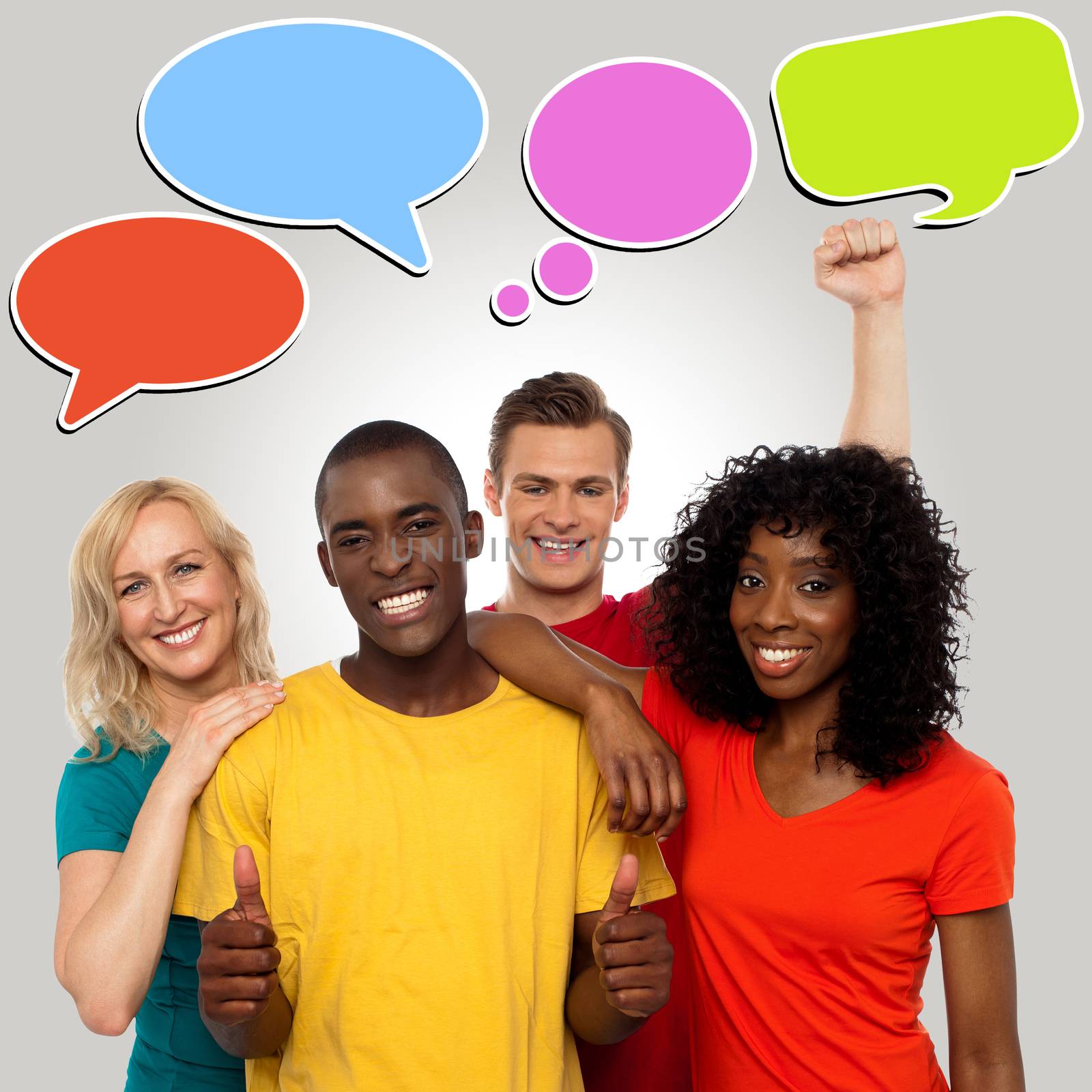 Diverse people with speech bubbles by stockyimages