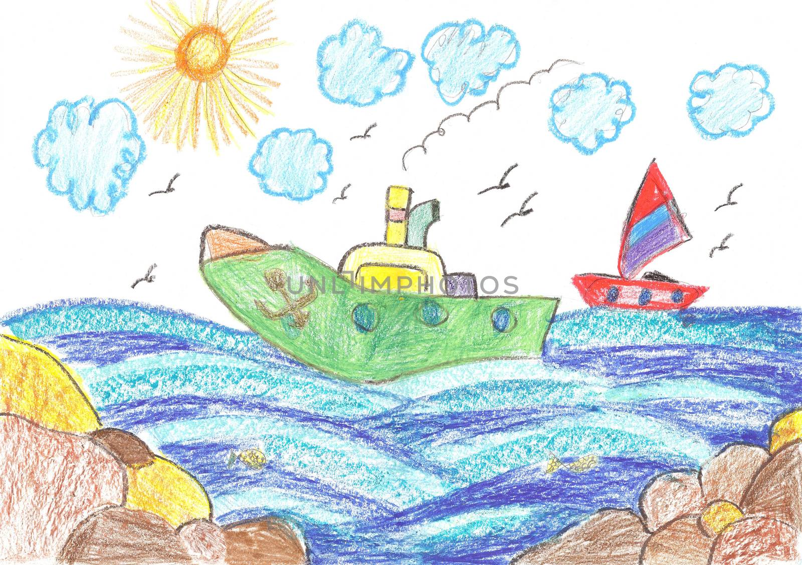 Child's drawing ship and sailboat