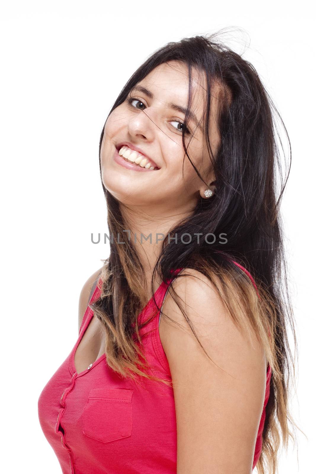 Young Woman with Long Black Hair Smiling - Isolated on White