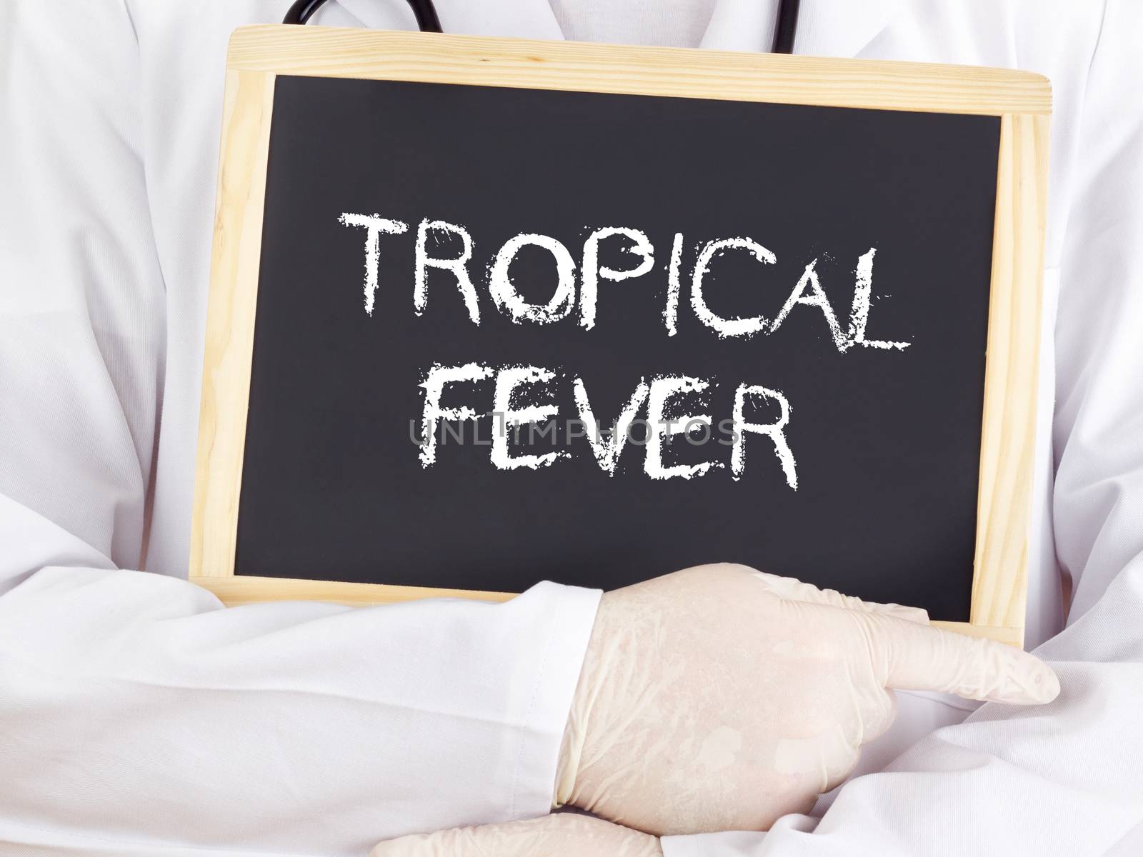 Doctor shows information on blackboard: Tropical fever