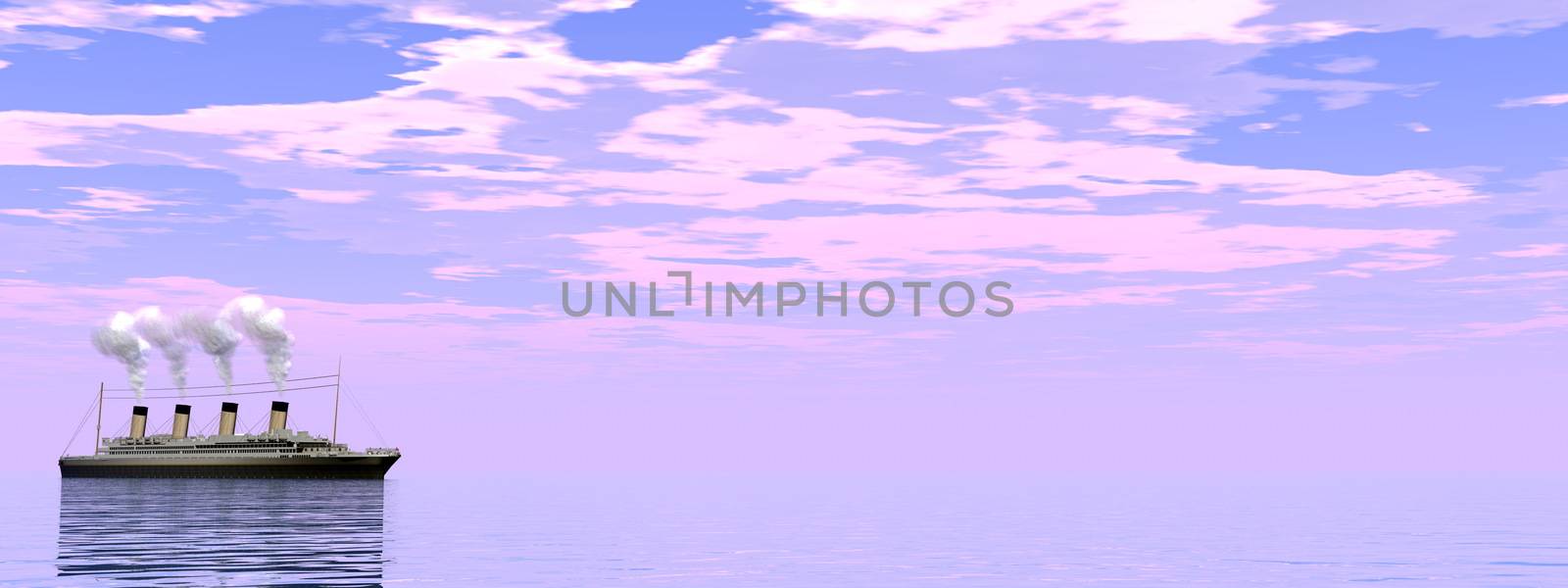 Famous Titanic ship floating on the water by cloudy sunset - 3D render