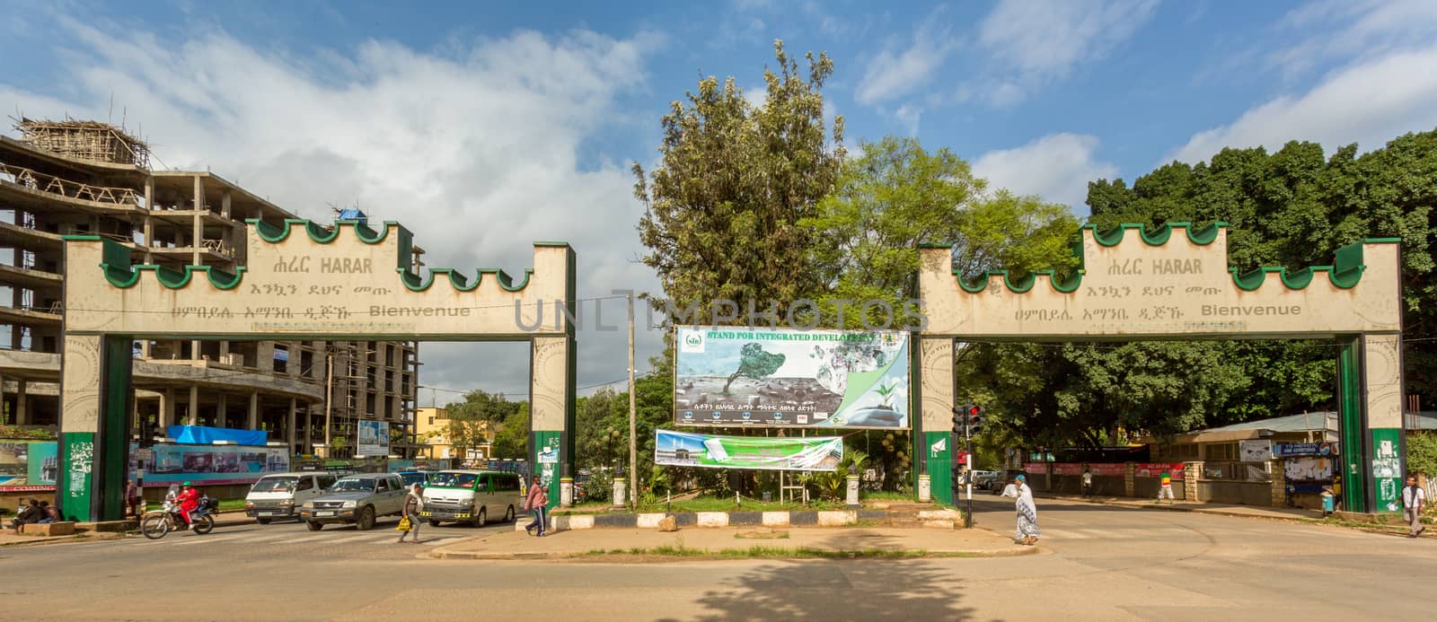 HARAR, ETHIOPIA - JULY 26,2014 - Two Gates with welcoming messages are placed at the border of the city of Harar.