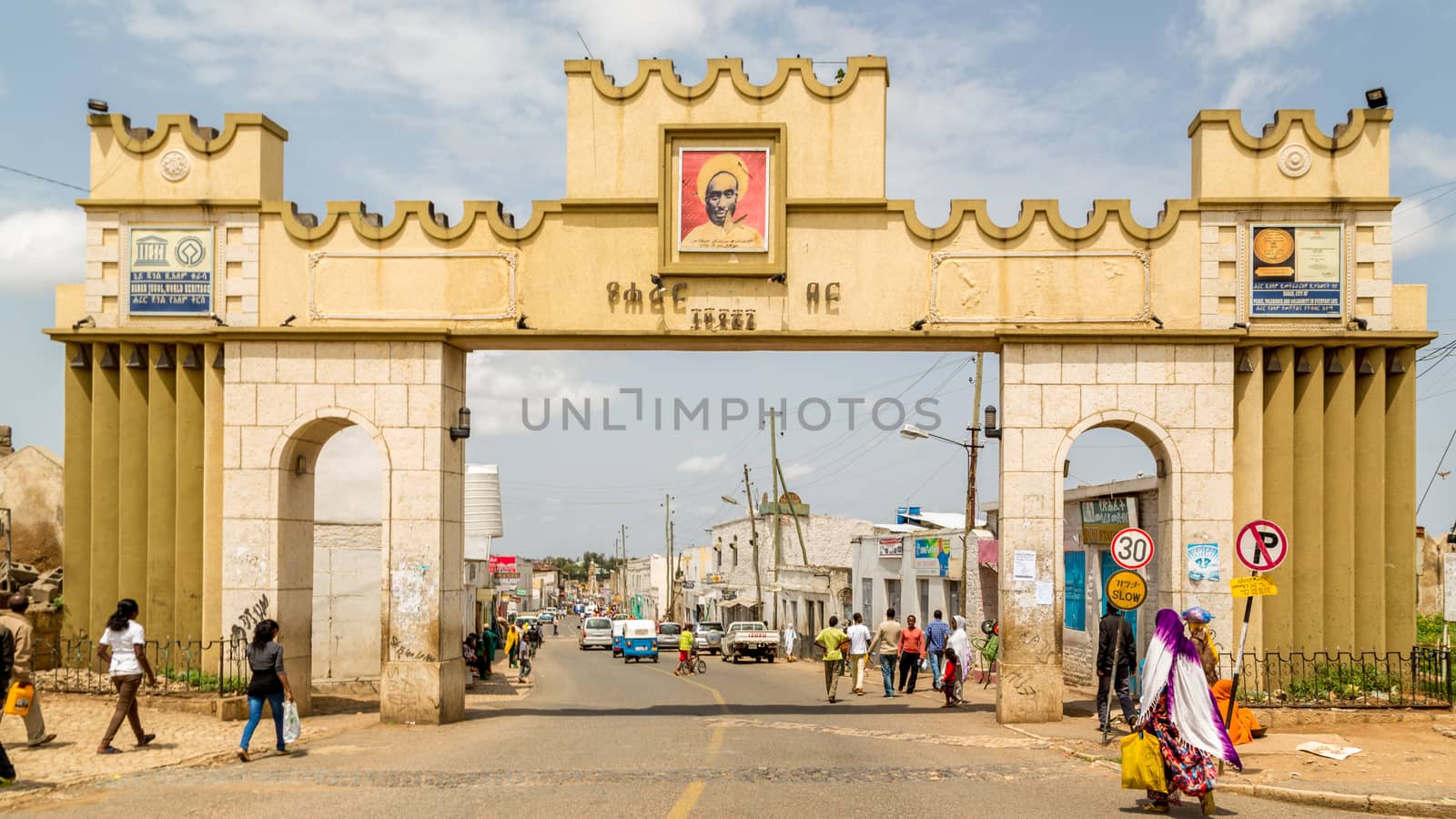 HARAR, ETHIOPIA - JULY 26,2014 - Harar Gate, also known as Duke's Gate, which was named after the first Duke of Harar, Ras Makonen, is one of the entrances to Jugol, the fortified historic walled city included in the World Heritage List by UNESCO.