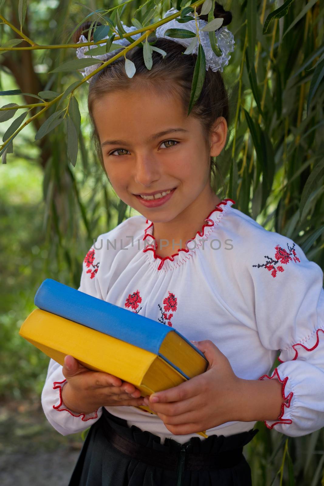 Beautiful little girl 7 years in embroidery books in color Ukrainian flag
