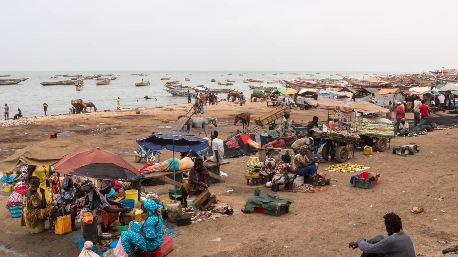 Mbour, Senegal - July, 2014: Several hundred people come together at the local fish market in Mbour to buy and sell the daily catch from the fishermen on July 9, 2014 in Mbour, Senegal.