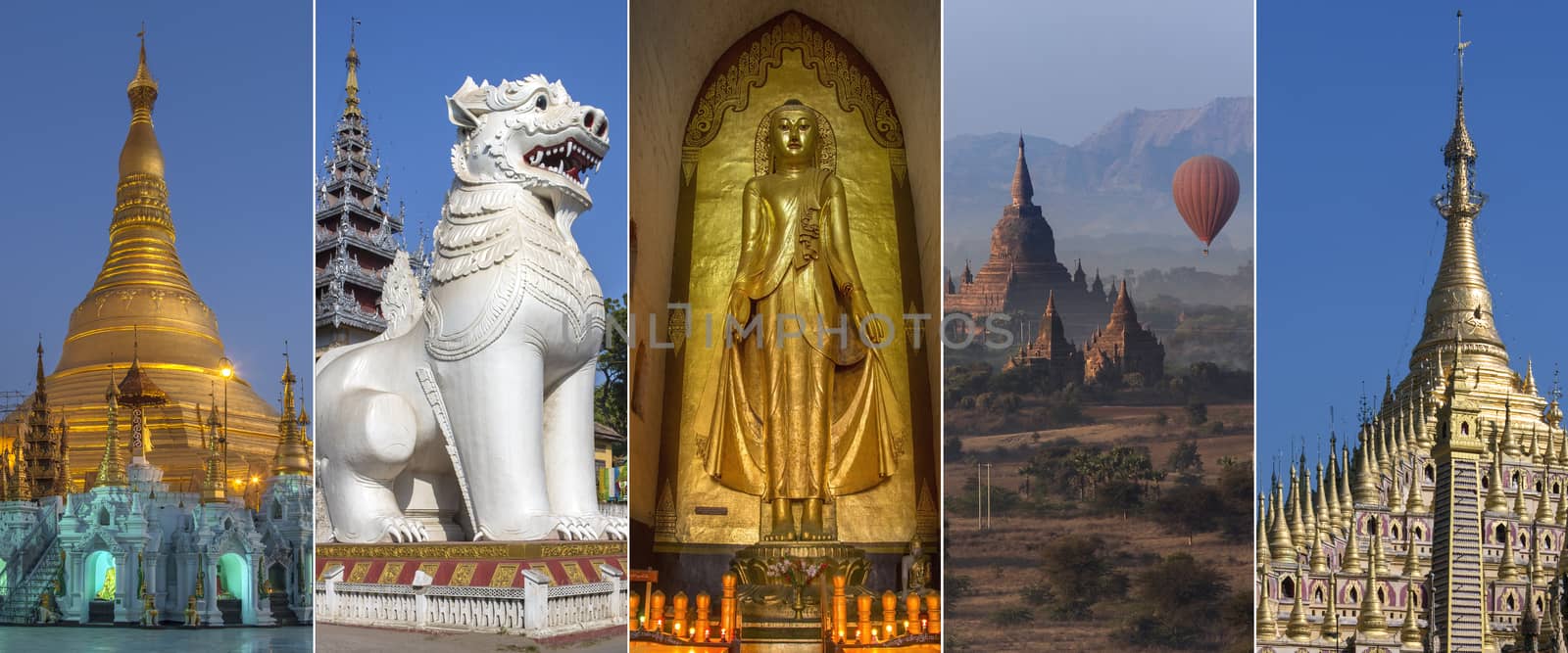 Sights of Myanmar (Burma) - Shwedagon Pagoda, Entrance to Mandalay Hill, Buddha in Ananda Temple, Hot Air Balloon in Bagan and the Mohnyin Thambuddhei Paya in Monywa.