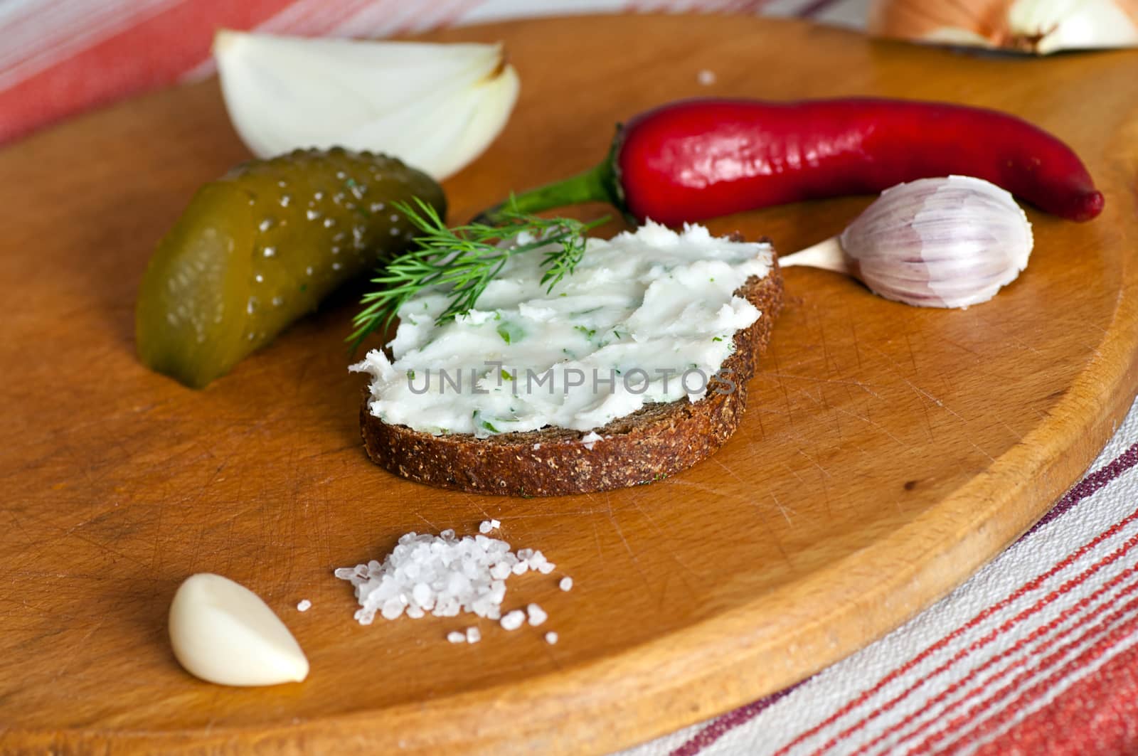 Lard spread on rye bread close up by dred