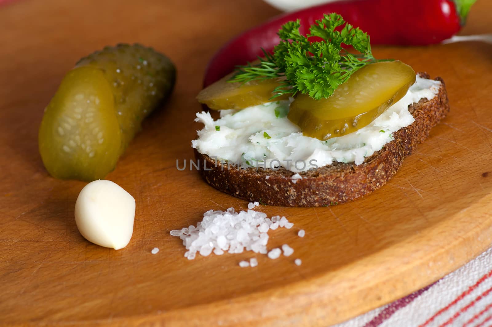 Lard spread on rye bread close up by dred