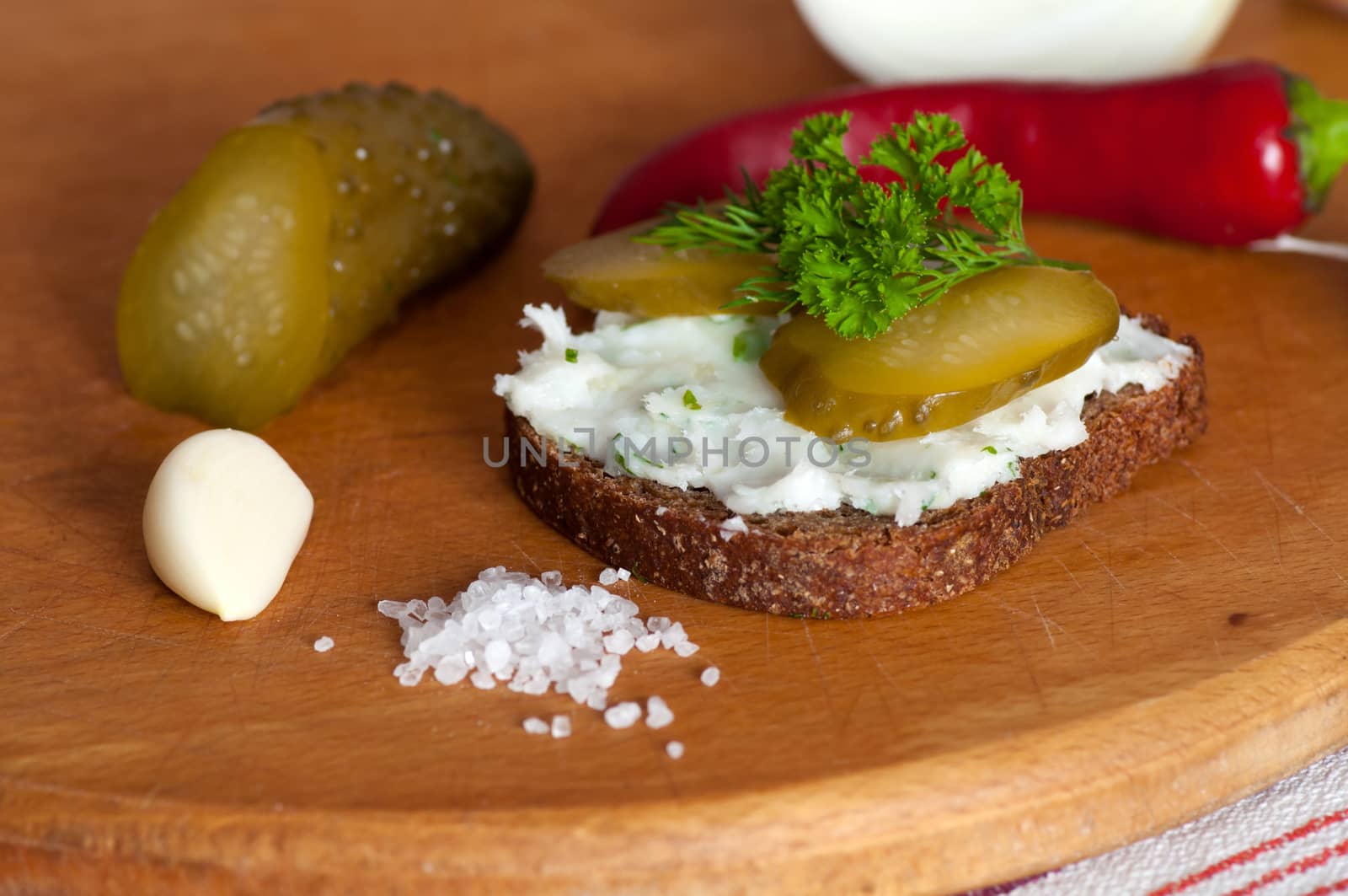 Lard spread on rye bread close up by dred