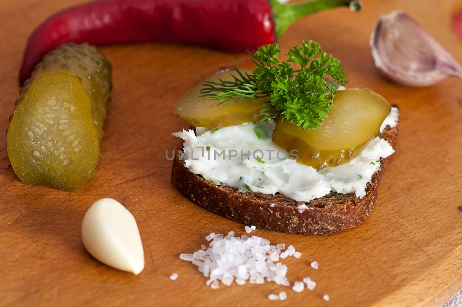 Lard spread on rye bread close up by dred