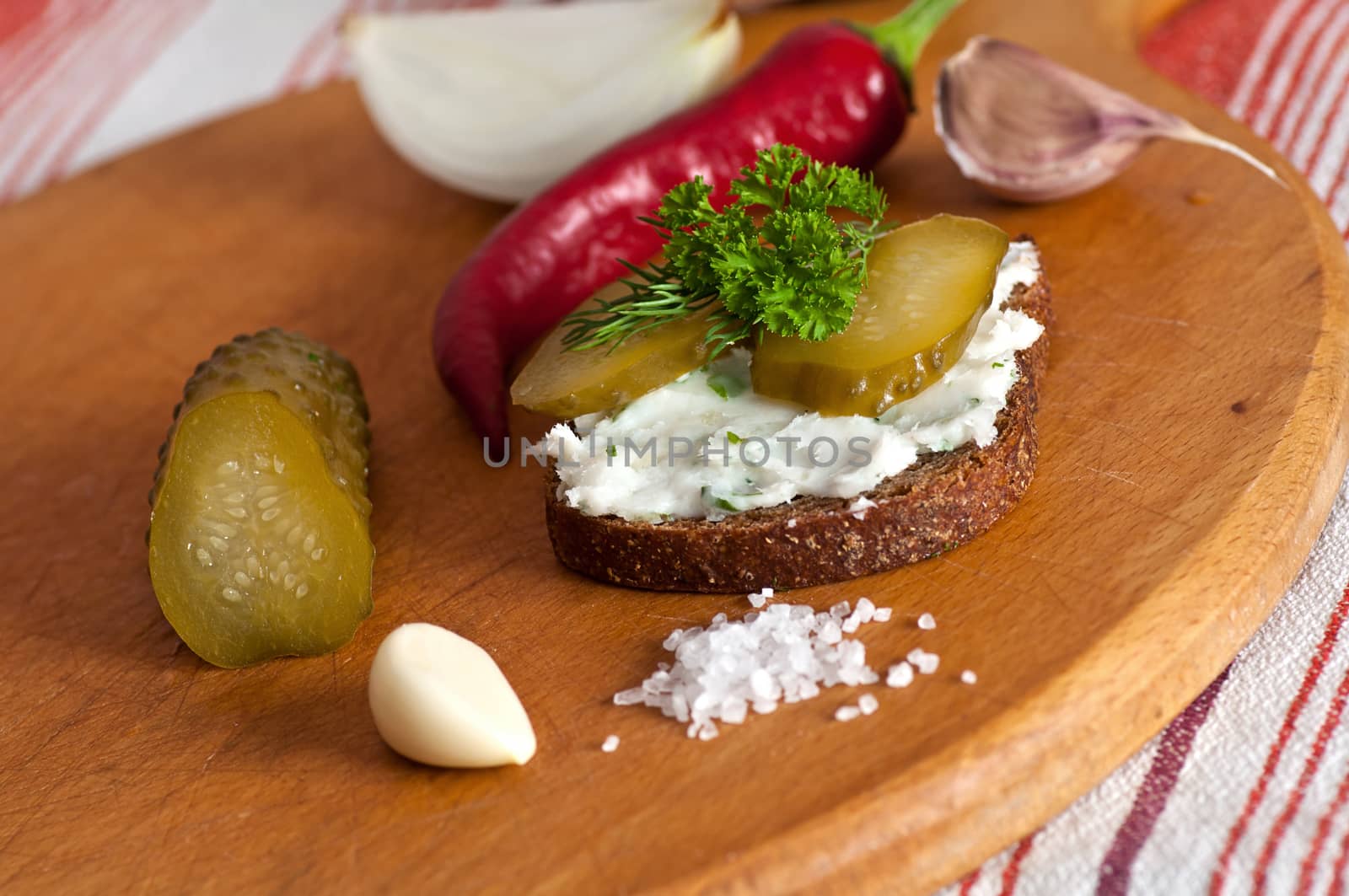 Lard spread on rye bread close up by dred