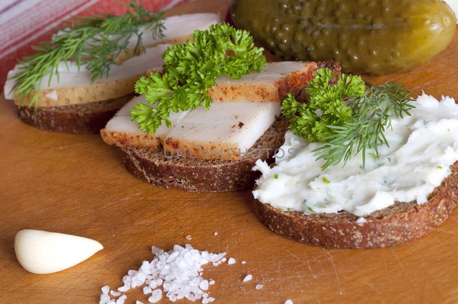 Sandwiches with salted, spiced and spread lard served with onion, garlic and red pepper