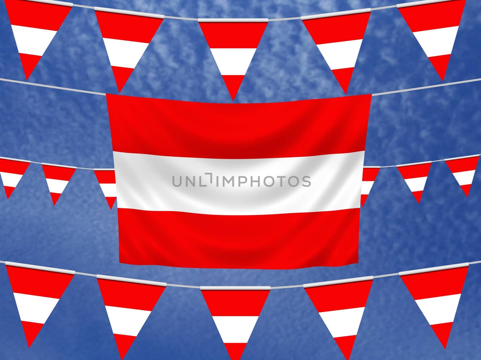 Illustrated flag of Austria with bunting and a sky background