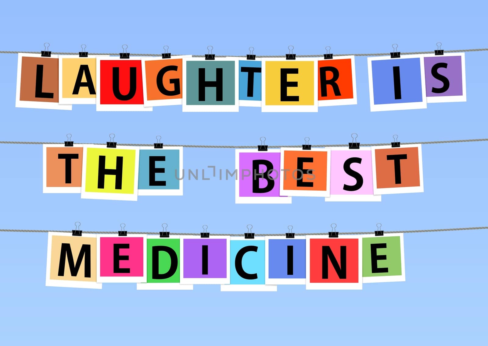 Illustration of colorful photos hanging on lines with the saying "Laughter is the best medicine"