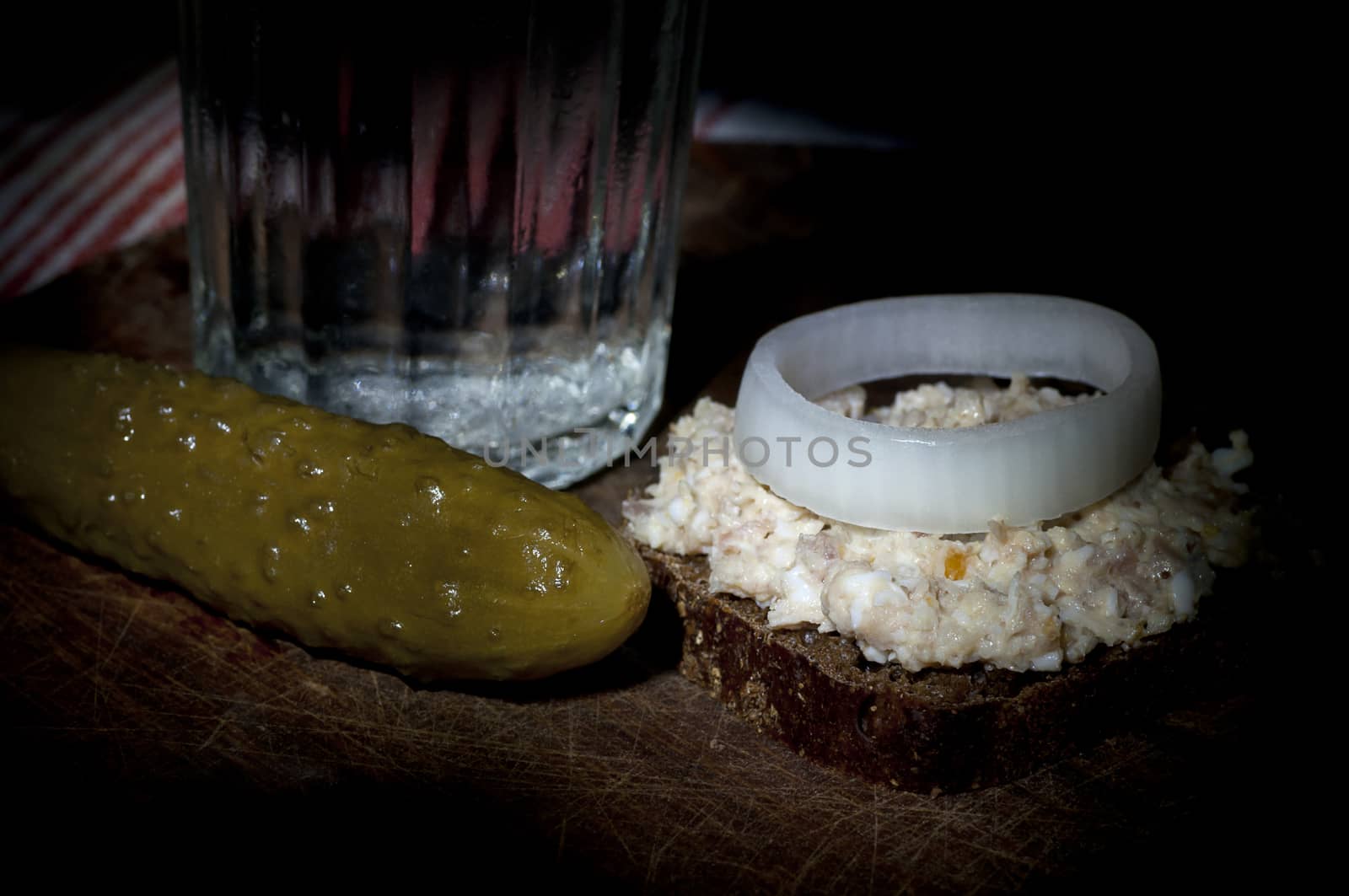 Sandwich with (forshmak) minced herring and glass of vodka by dred