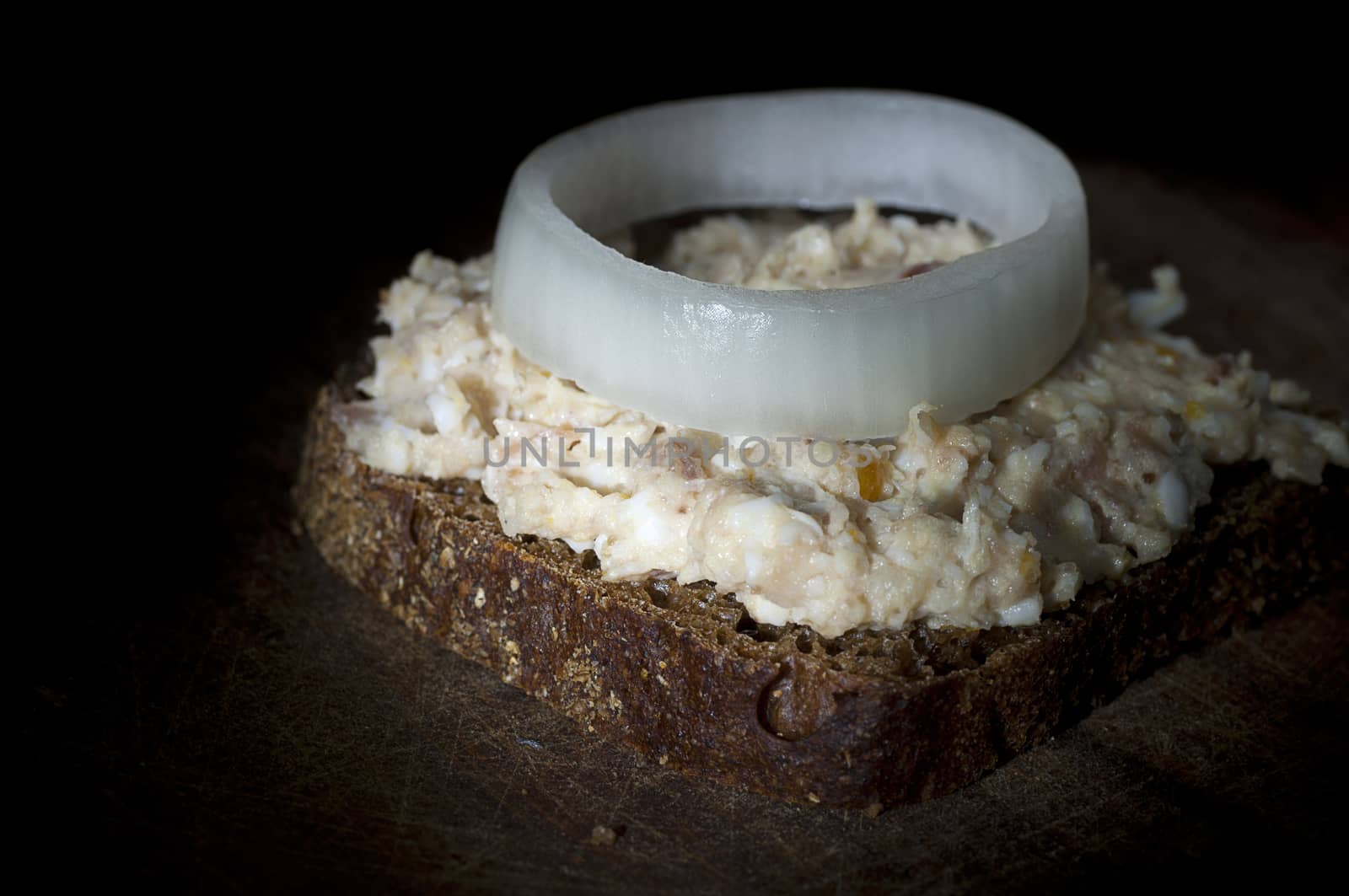 Sandwich with forshmak (minced herring) close up by dred