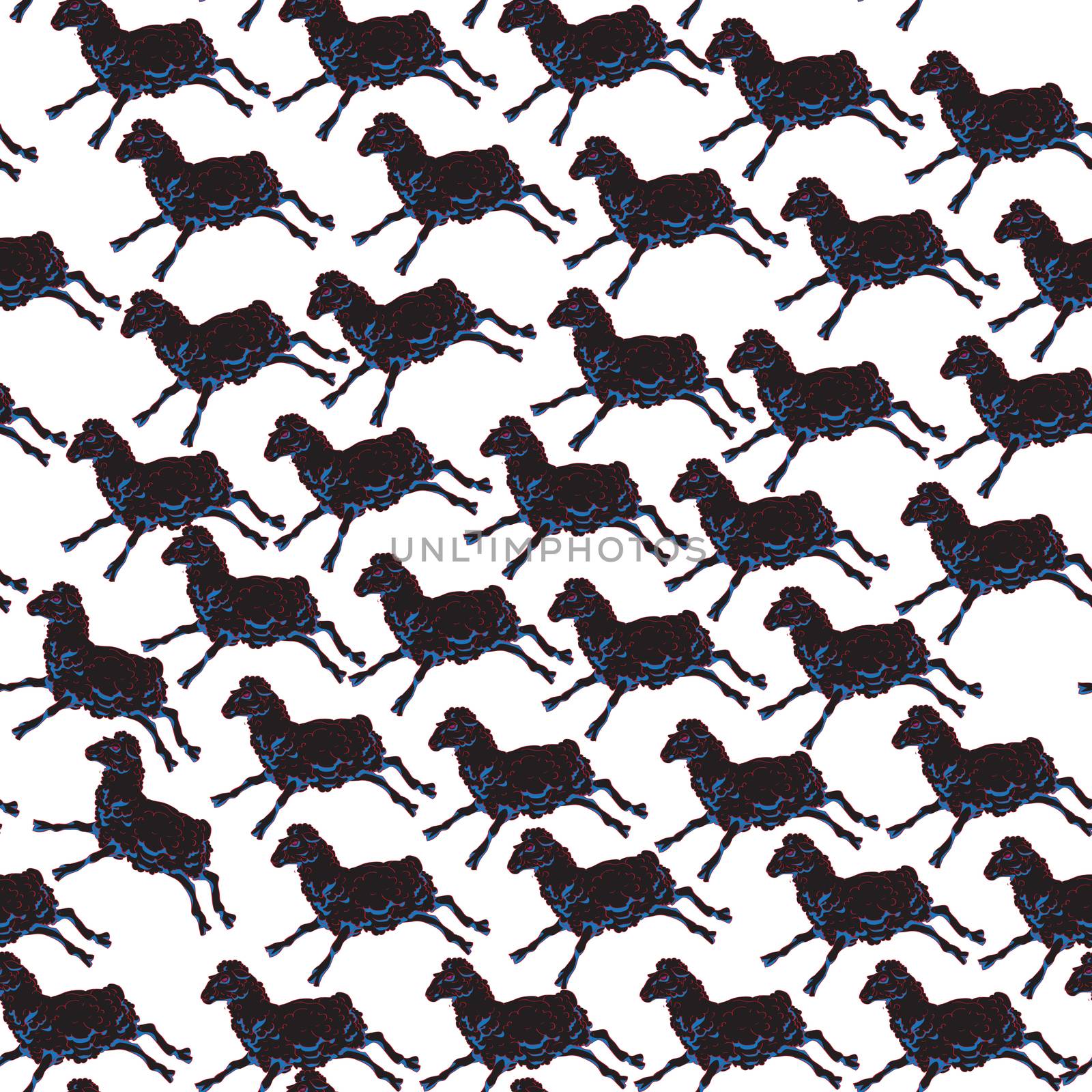 Seamless pattern with the same black sheep in different positions, doodle illustration over white