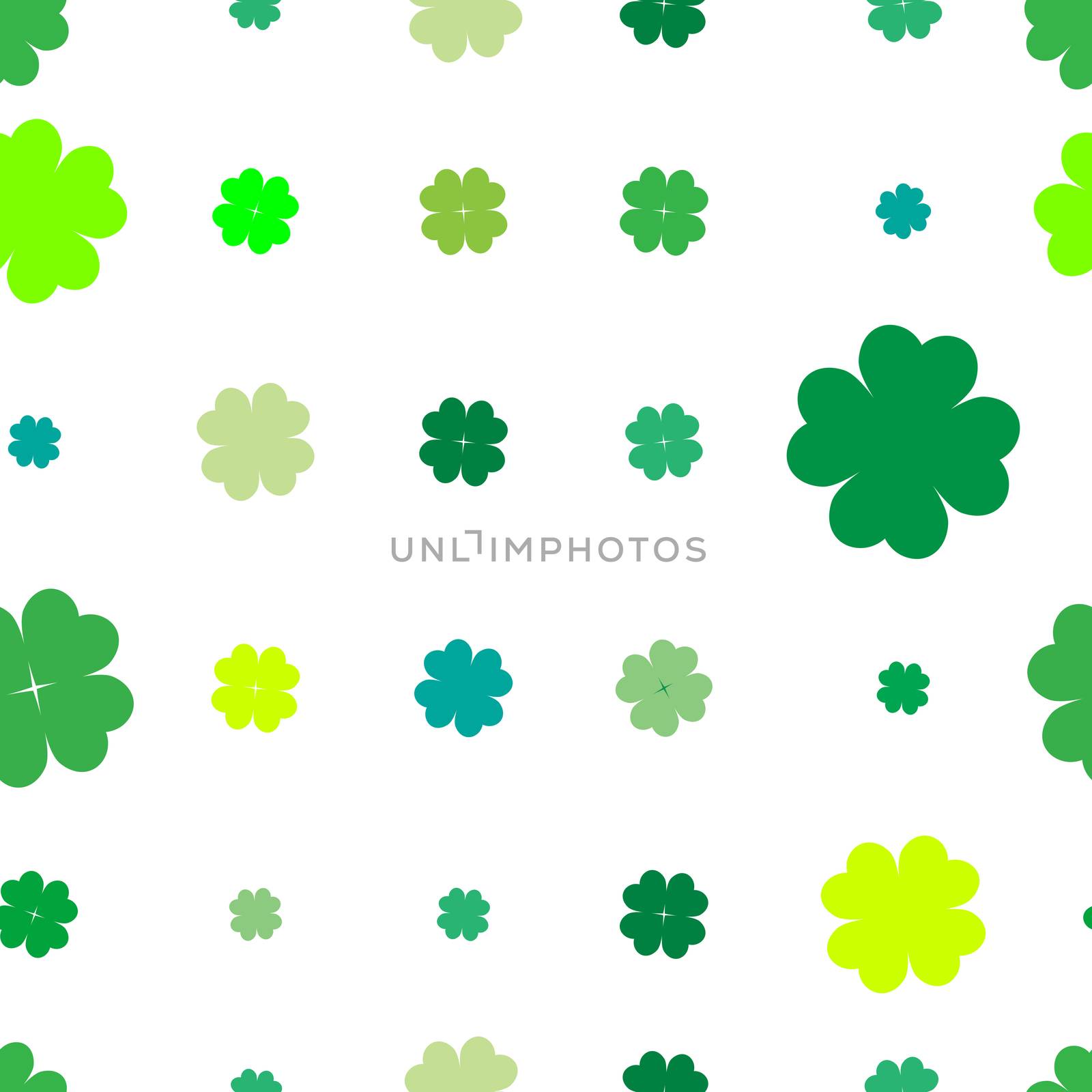 Sparse seamless pattern with four leaved shamrocks, Saint Patrick's Day illustration over white