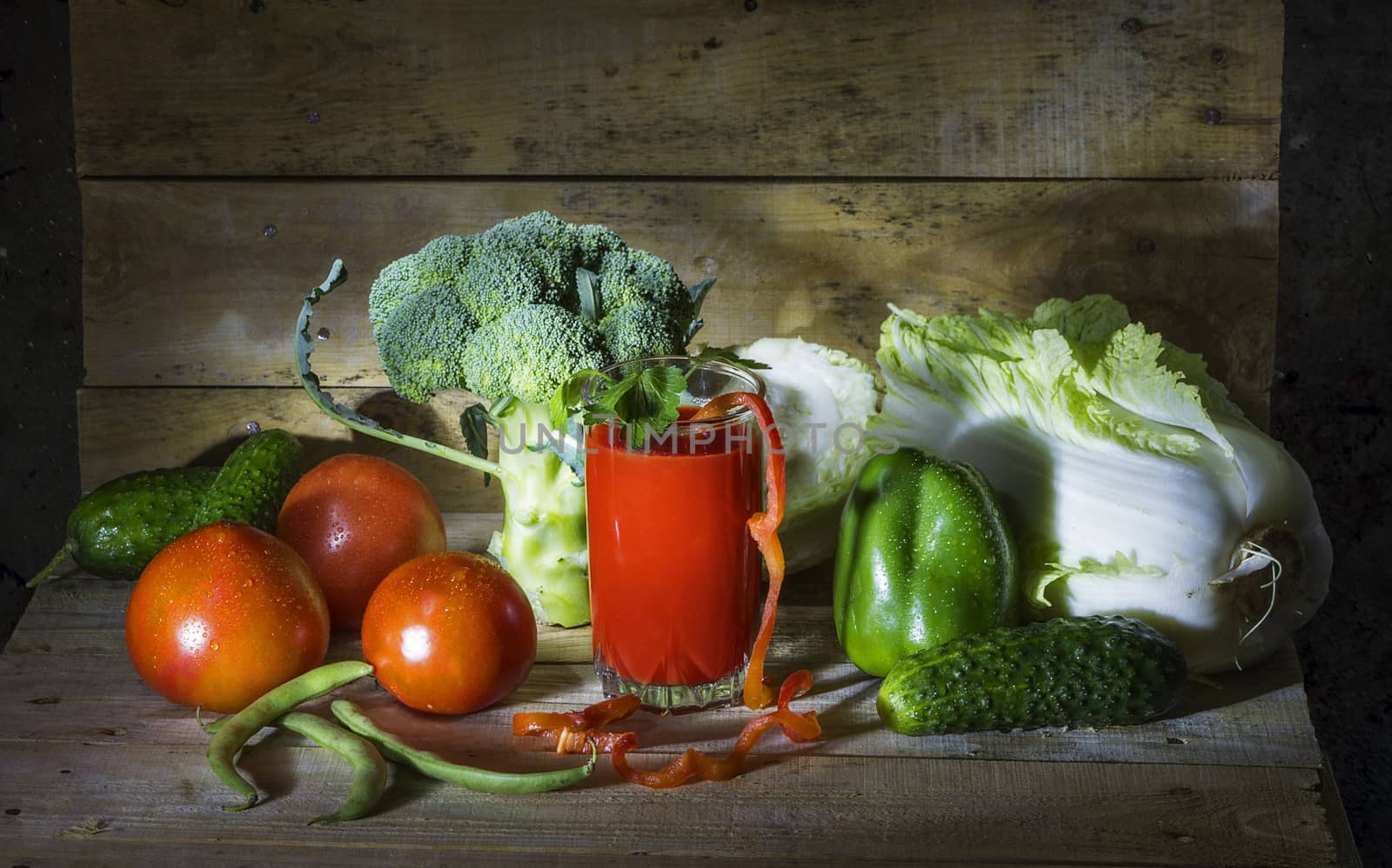 Still life with tomatoes, cabbage, pepper and tomato juice