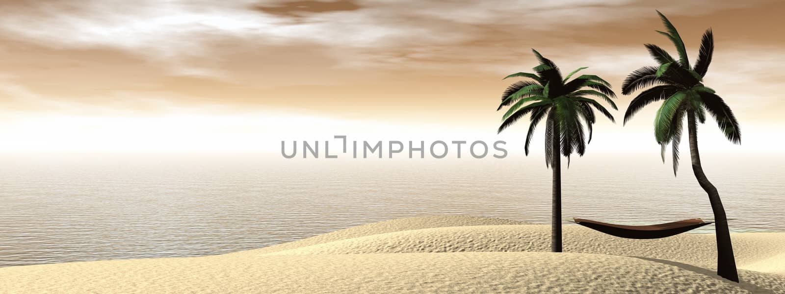 Hammock between palm trees on tropical island by sunset - 3D render