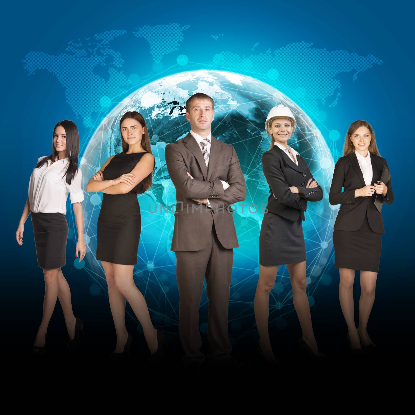 Business people in suits standing on background of Earth. World map on dark background. Elements of this image furnished by NASA