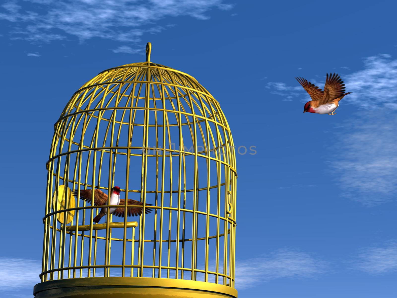 Two blue finch birds, one flying out of the cage and the other in the cage - 3D render