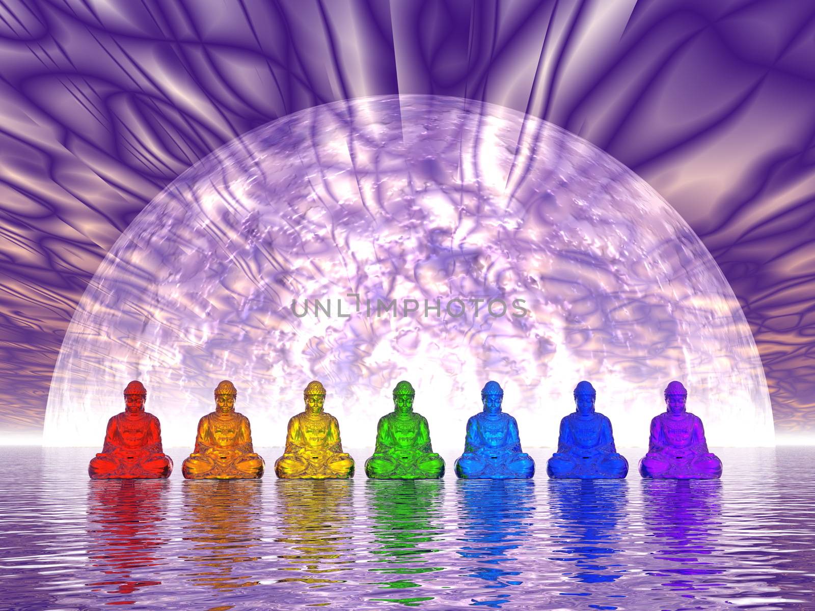 Seven small buddhas in chakra colors meditating upon water in front of big moon - 3D render