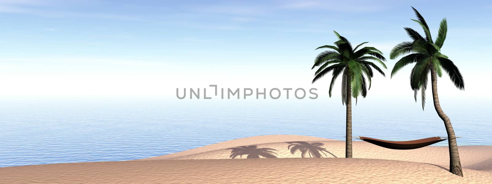 Hammock between palm trees on tropical island by day - 3D render