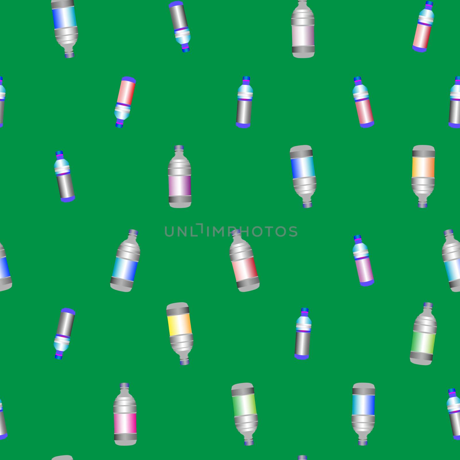 Sparse seamless pattern with plastic bottles over a green background