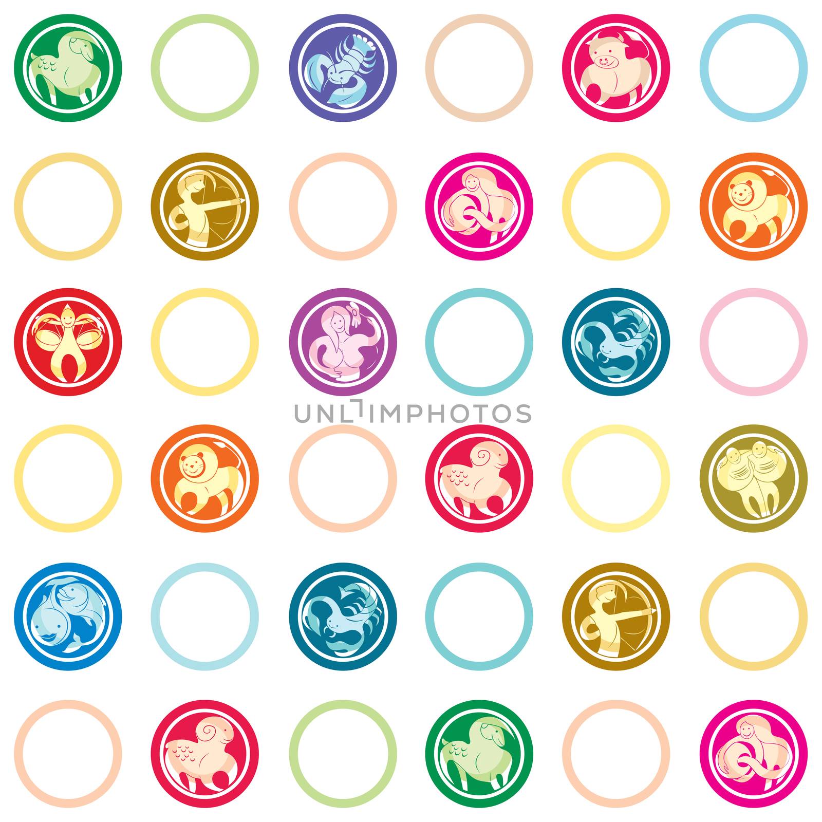 Retro pattern with all zodiac signs and circular shapes, funny cartoon illustrations over white background