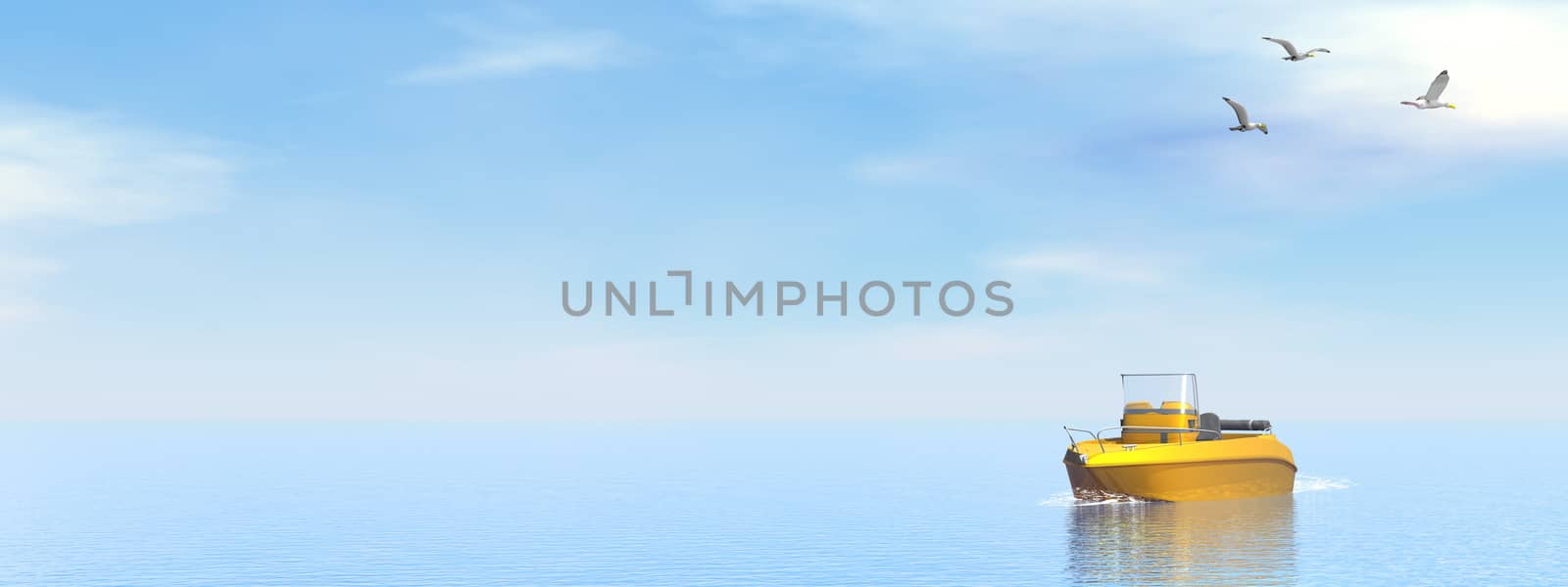 Small pleasance boat on the water and segulls by beautiful day - 3D render