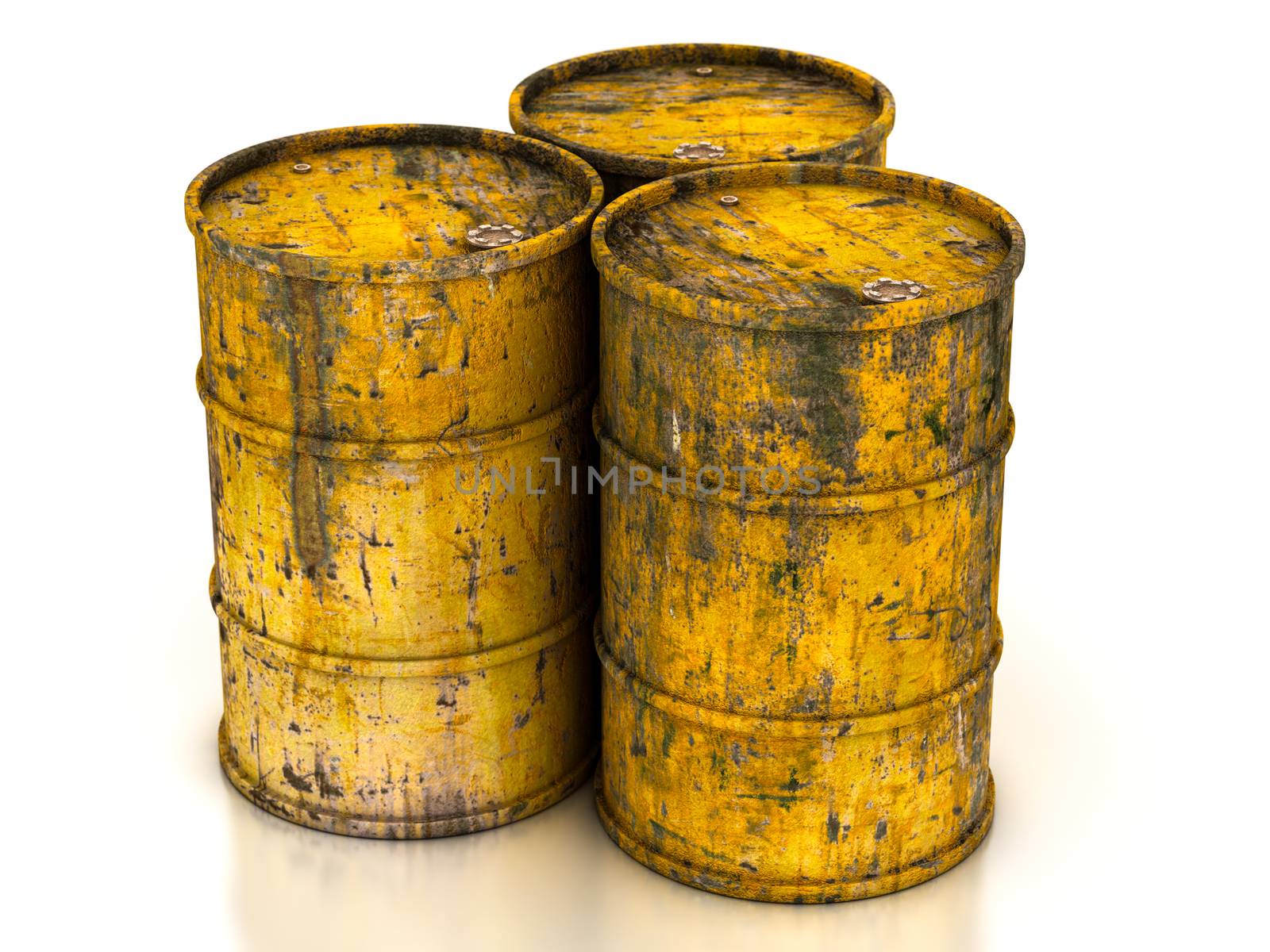 сhemical yellow old barrels on a white background