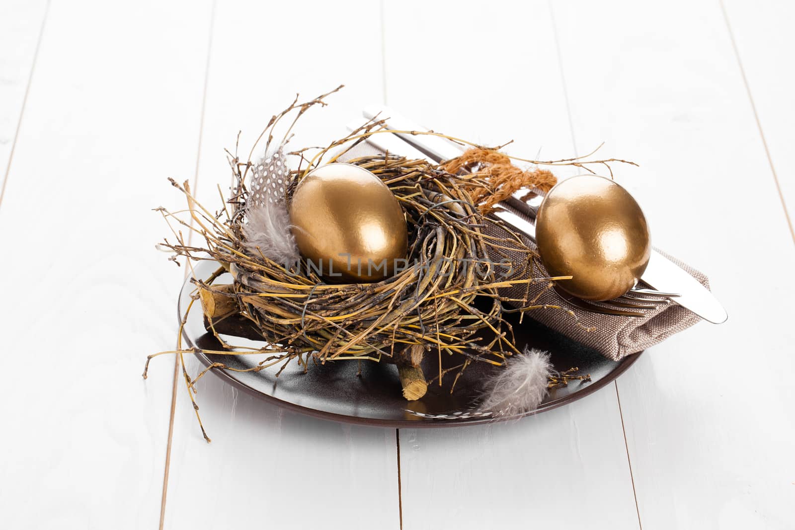 table decoration on white wooden background with Chicken golden  by motorolka