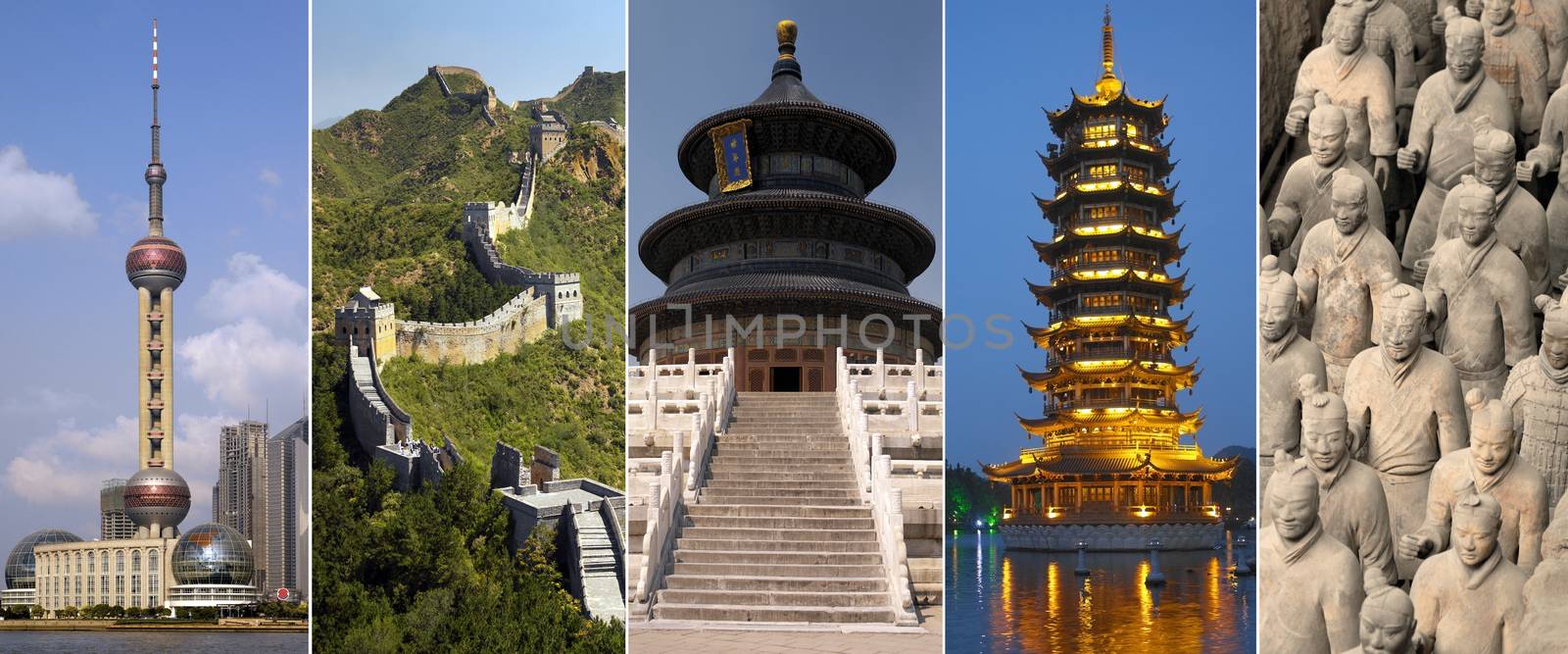 China - Shanghai, The Great Wall, Forbidden City in Beijing, Guilin Pagoda and the Terracotta Army in Xian.