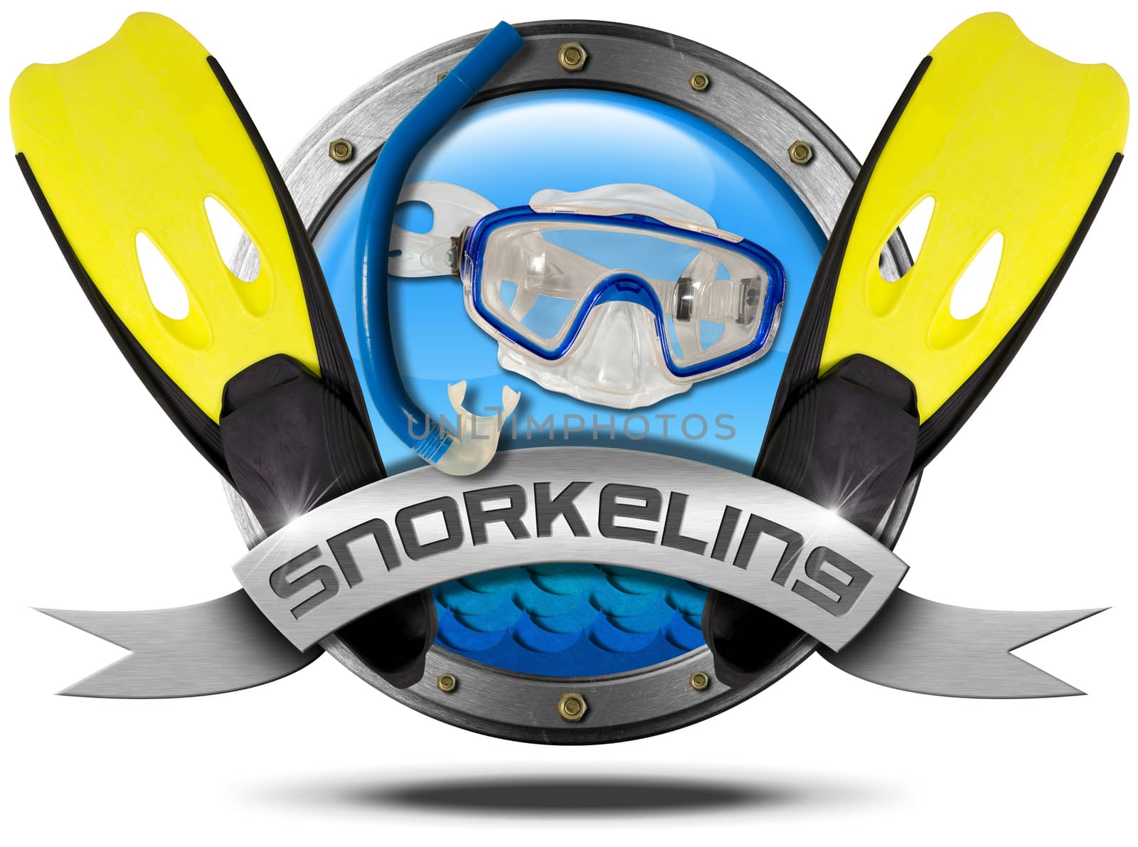 Metal icon or symbol with porthole, equipment for snorkeling and metal ribbon with text snorkeling. Isolated on white background