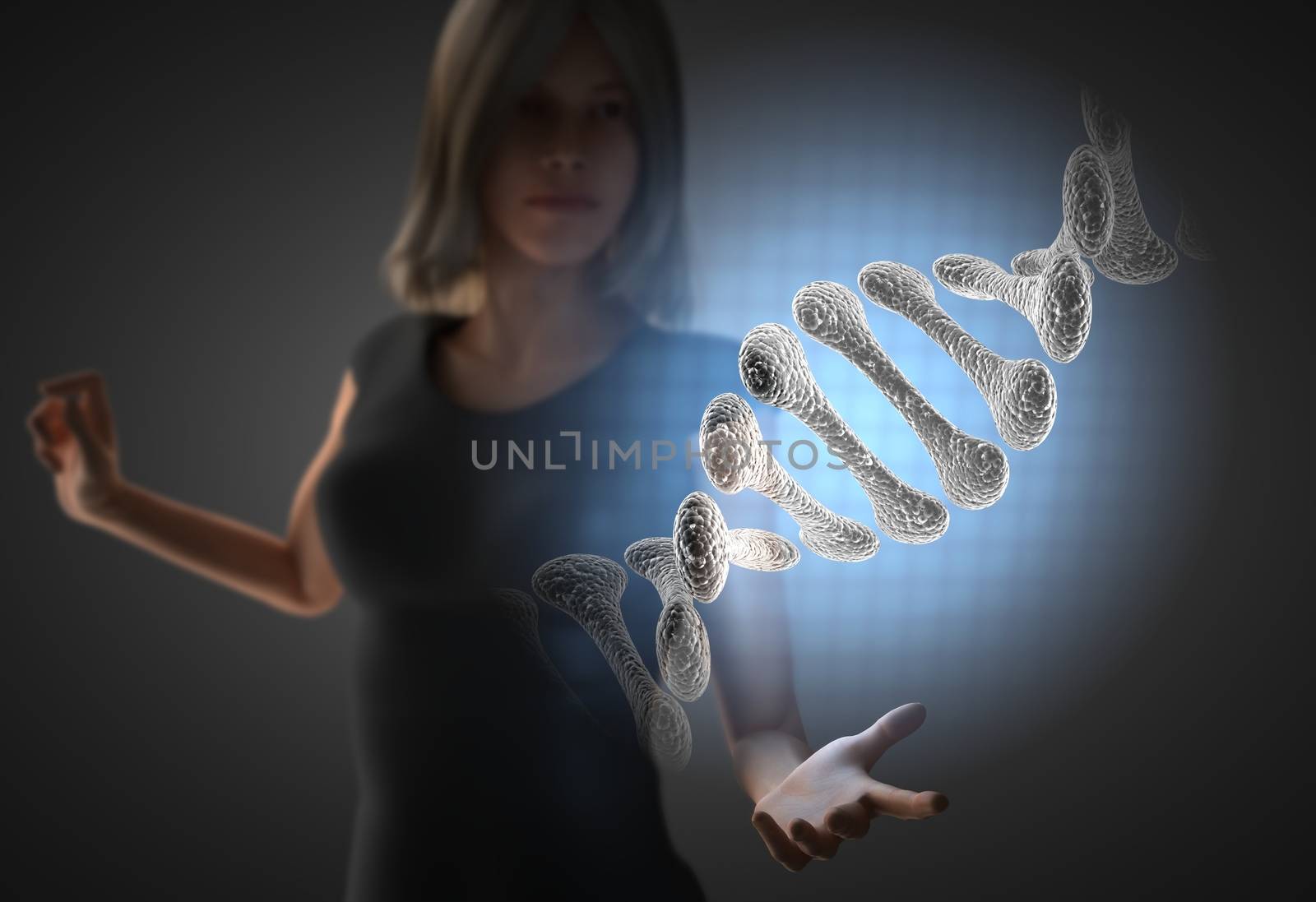 woman and futusistic hologram on hand