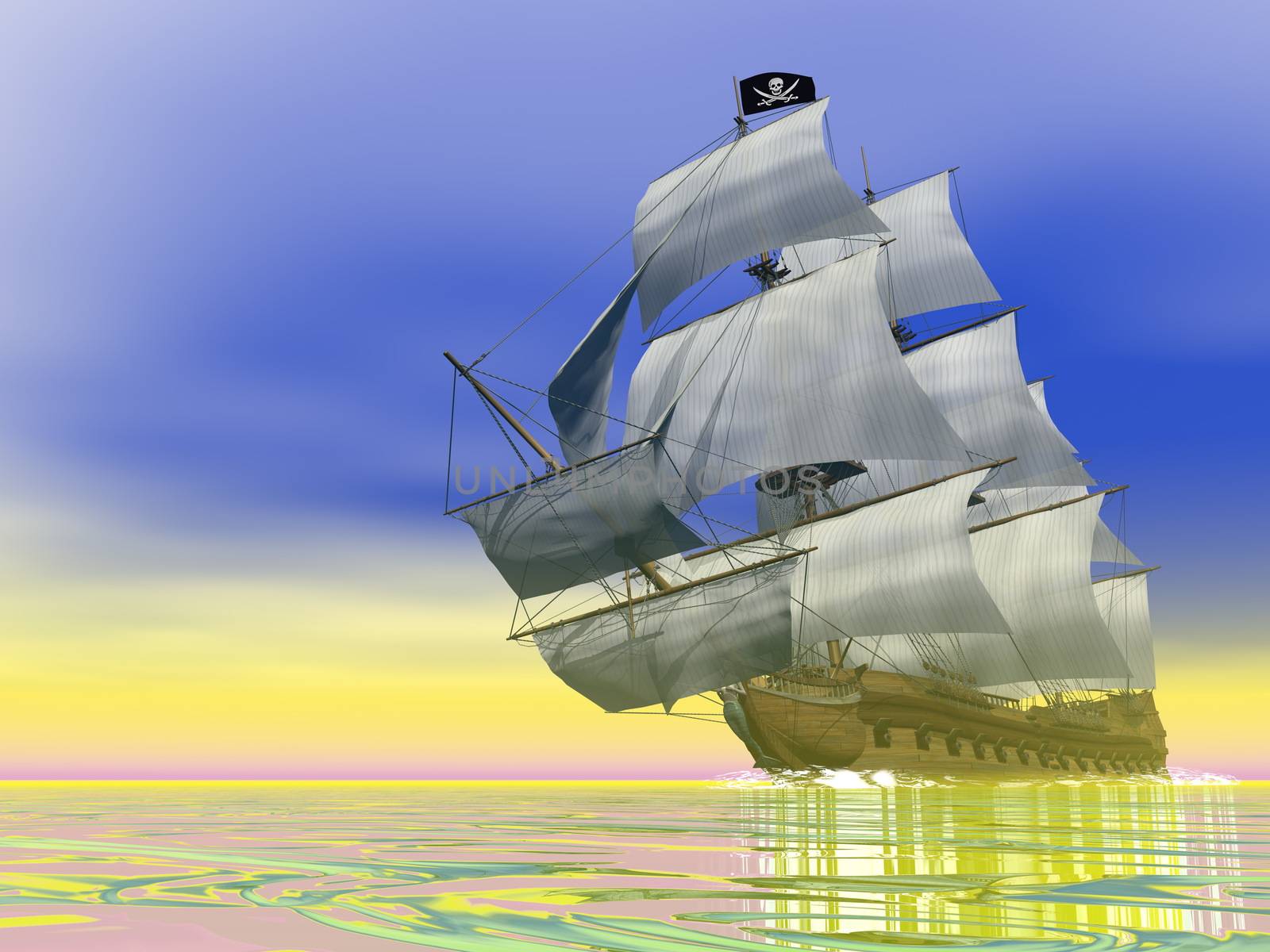 Beautiful detailed Pirate Ship, floating on the ocean by yellow day - 3D render