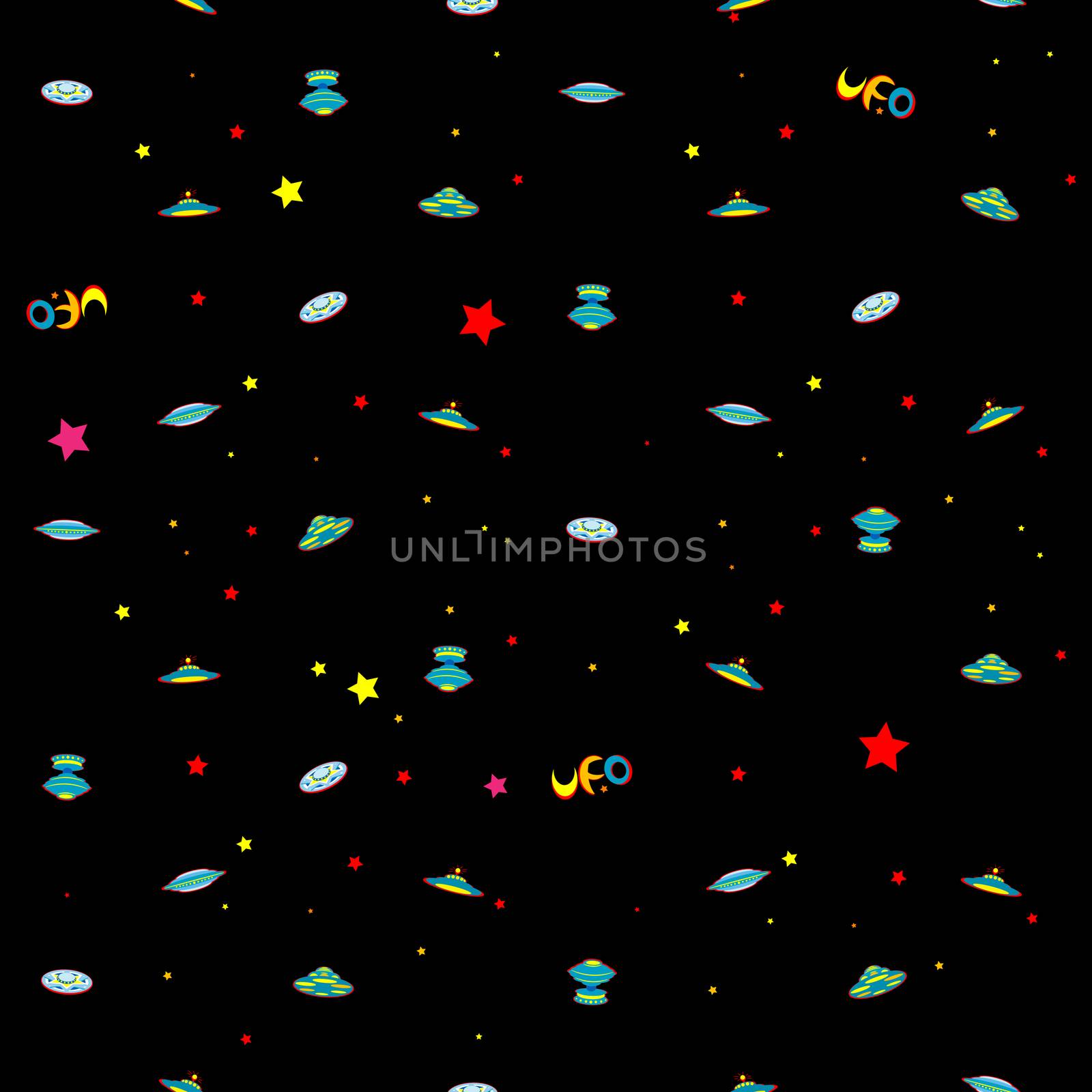Sparse pattern with different extraterestrial spaceships and text, illustration over a black sky background