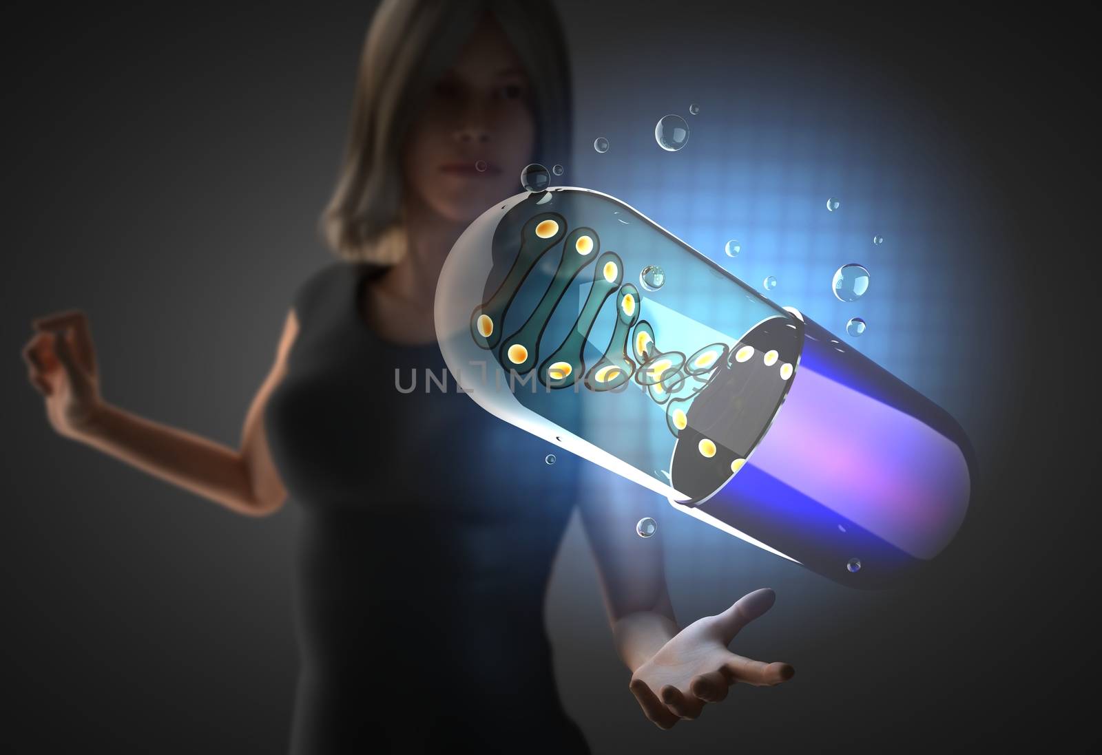 woman and futusistic hologram on hand