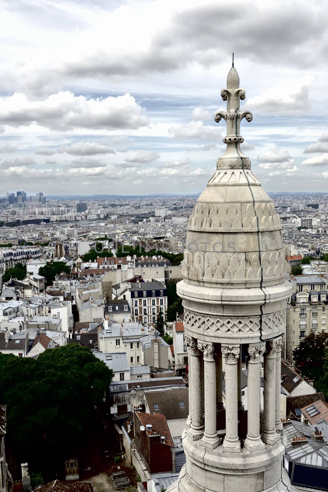Overview of Paris from the dome of Sacre Coeur. La Defense in the background.