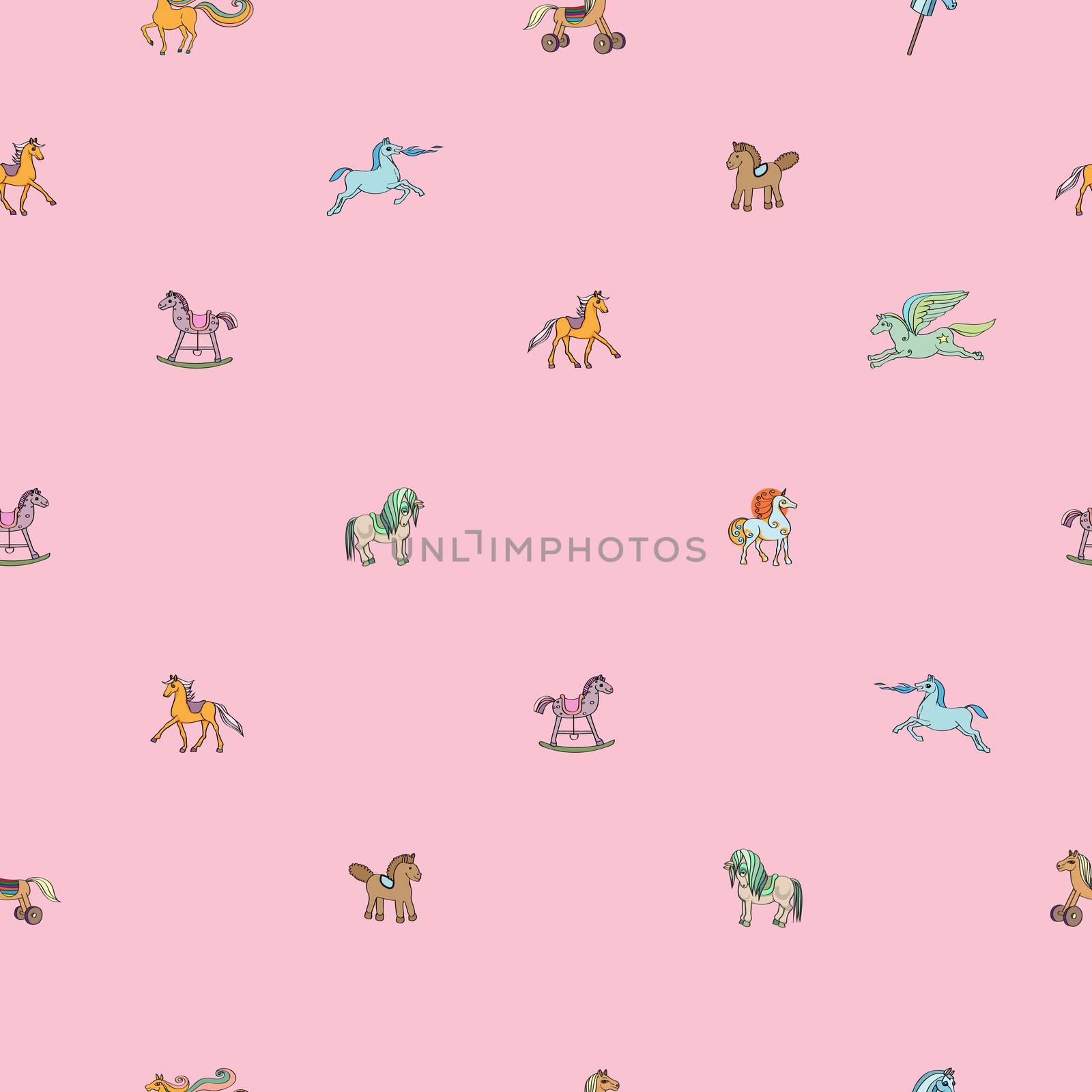 Sparse seamless pattern with toy horses, hand drawn cartoons over a pink background