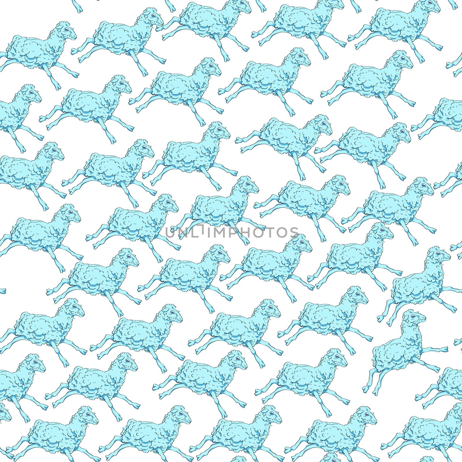 Seamless pattern with the same blue sheep in different positions, doodle illustration over white