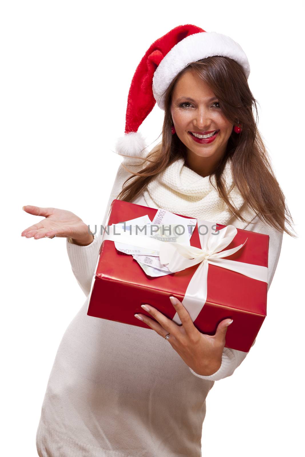 Young woman with an Xmas gift and money by juniart