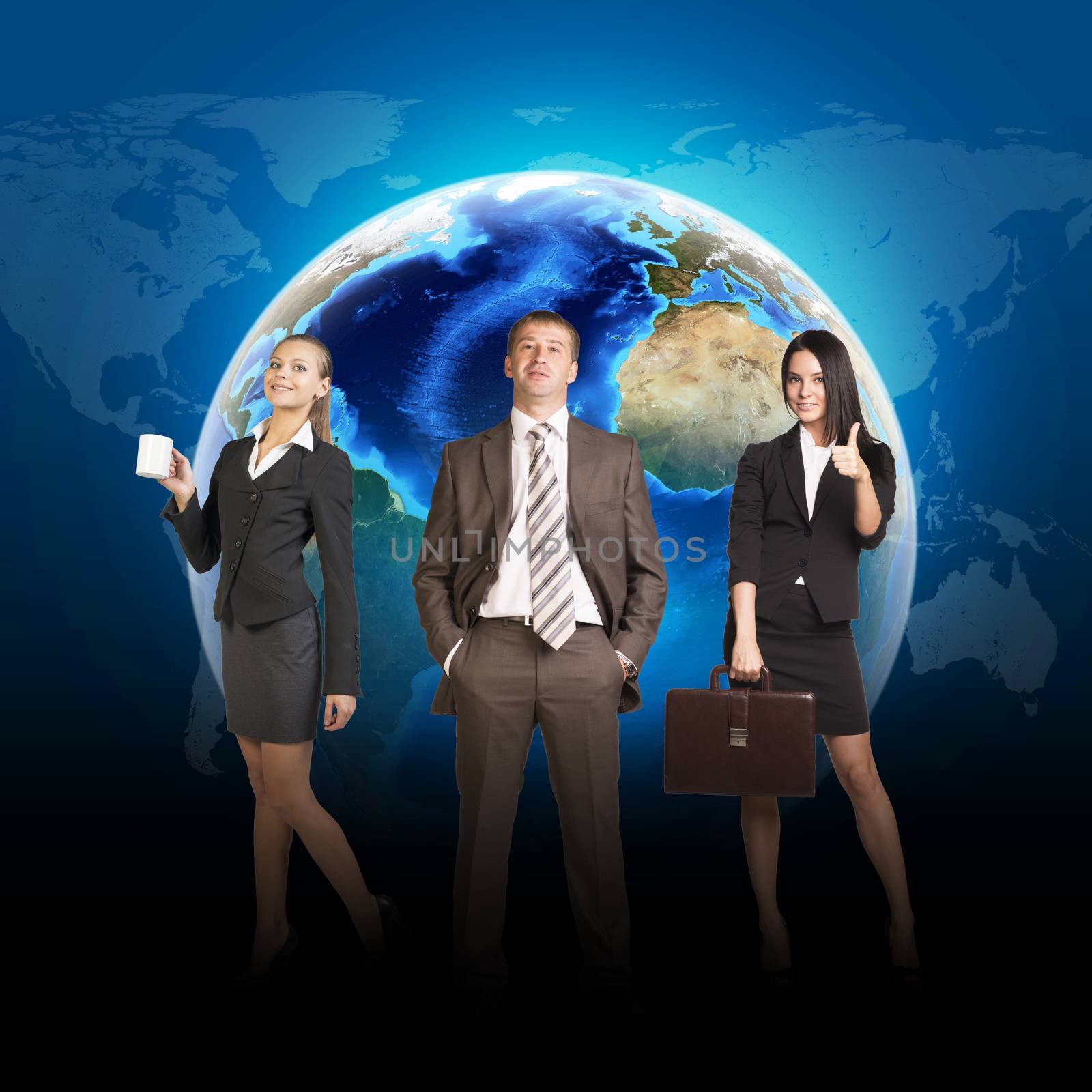 Business people in suits standing on background of Earth. World map on dark background. Elements of this image furnished by NASA