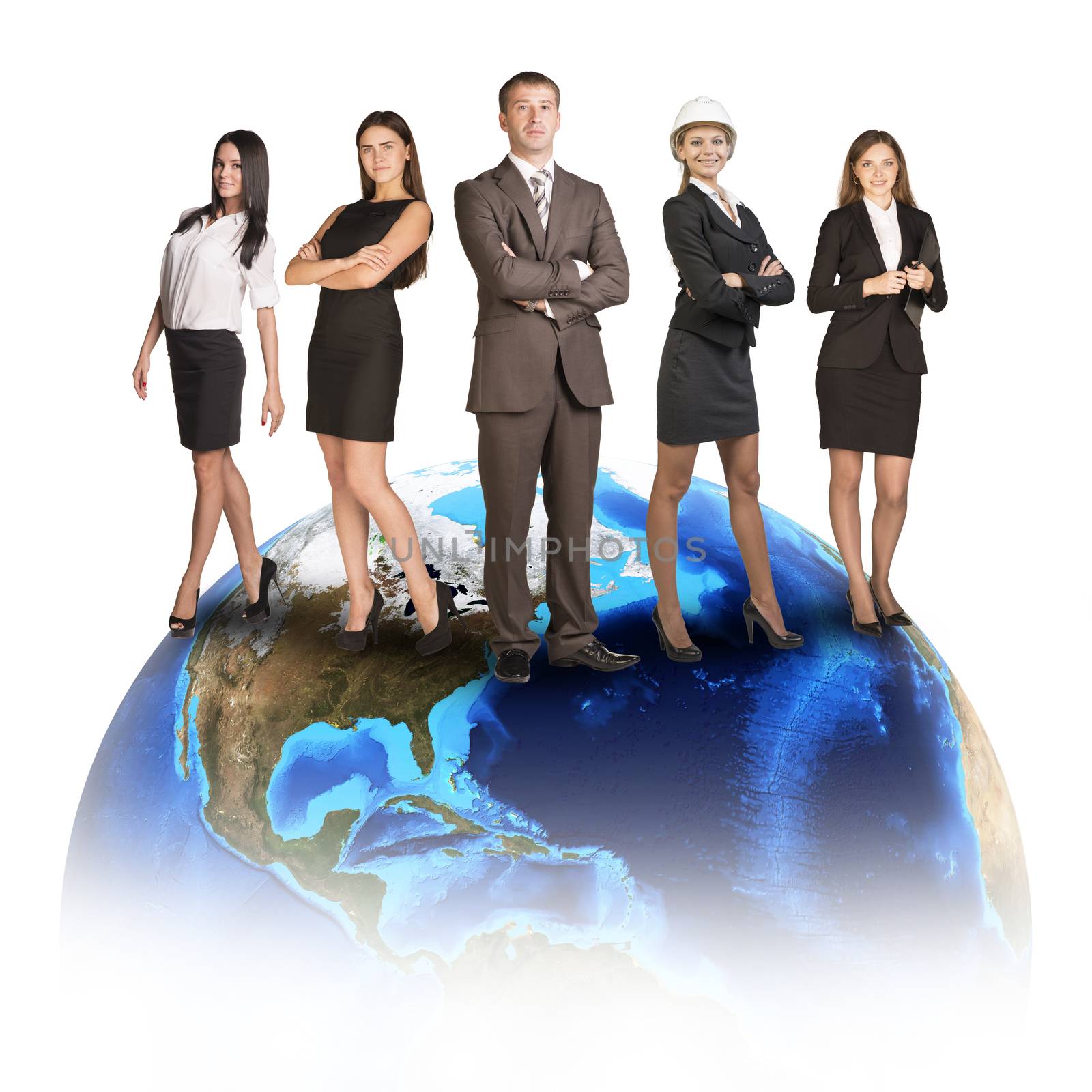 Business people in suits standing on Earth. Isolated on white background. Elements of this image furnished by NASA