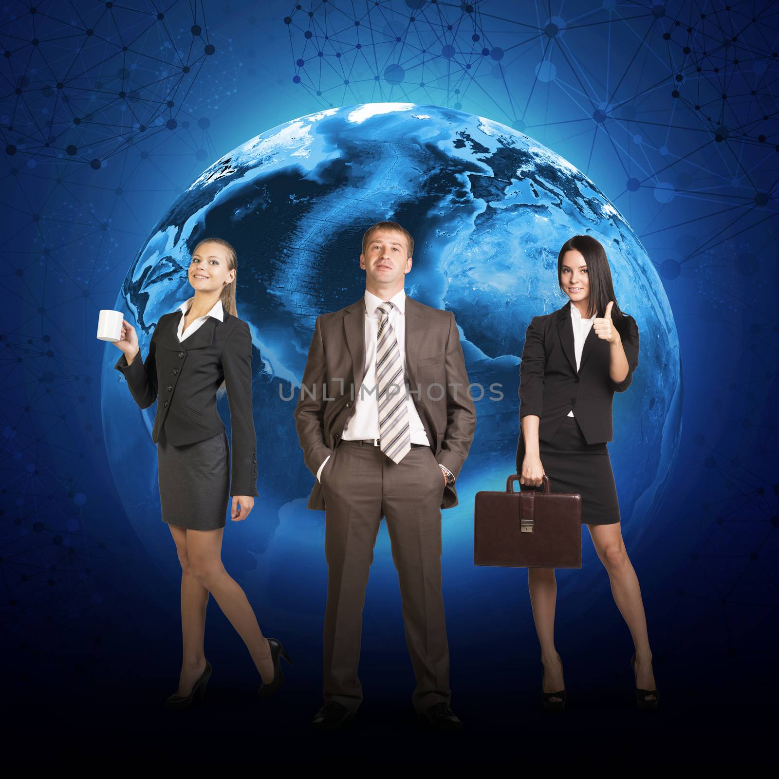 Business people in suits standing on background of Earth. Elements of this image furnished by NASA